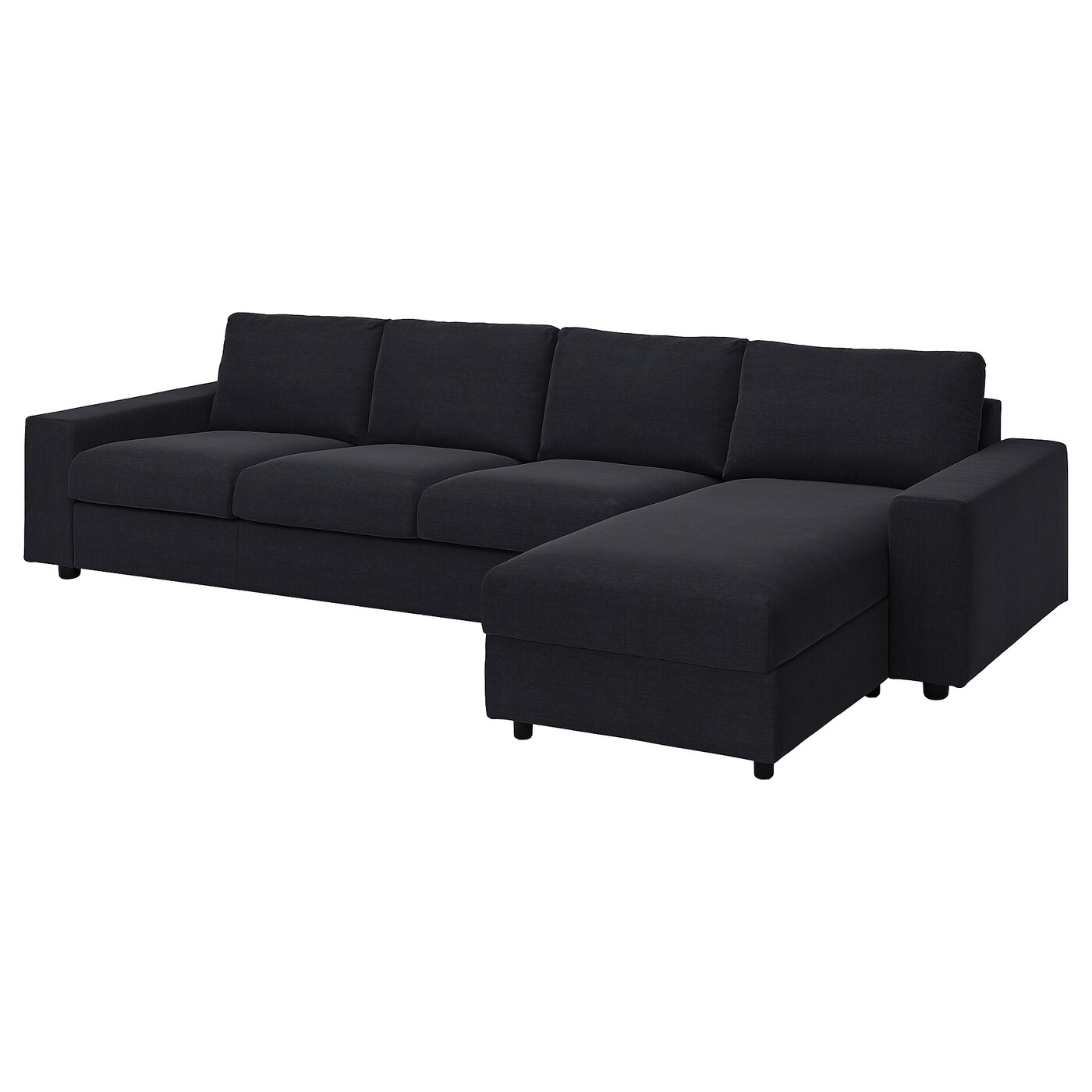IKEA VIMLE sofa 4-osobowa z szezlongiem, z szerokimi podłokietnikami/Saxemara czarnoniebieski, Wysokość z poduchami oparcia: 83 cm