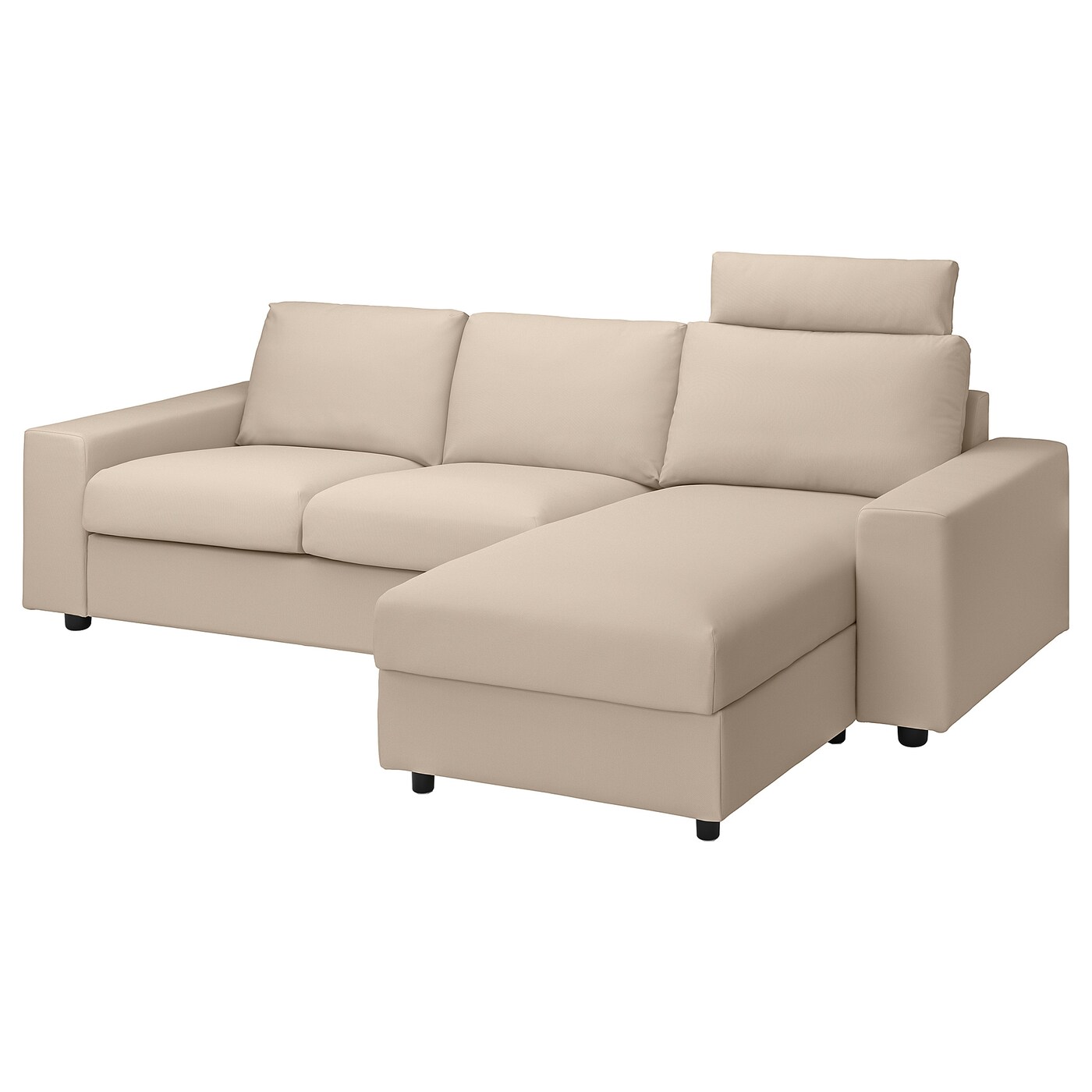 IKEA VIMLE sofa 3-osobowa z szezlongiem, z szerokimi podłokietnikami z zagłówkiem/Hallarp beżowy, Wysokość z zagłówkiem: 103 cm