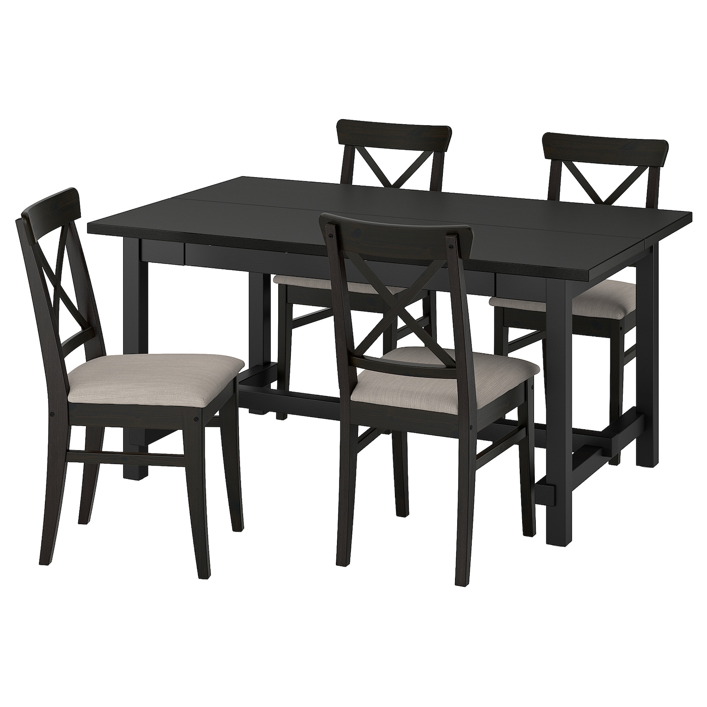 IKEA NORDVIKEN / INGOLF stół i 4 krzesła, czarny/Nolhaga szarobeżowy brązowoczarny, 152/223 cm