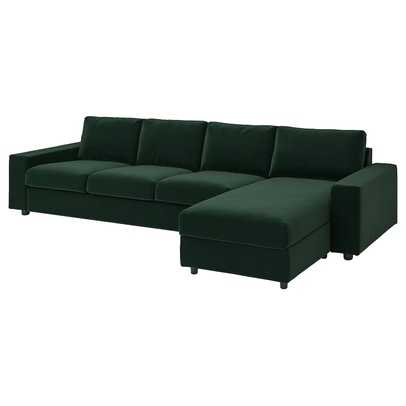 IKEA VIMLE sofa 4-osobowa z szezlongiem, z szerokimi podłokietnikami/Djuparp ciemnozielony, Wysokość z poduchami oparcia: 83 cm