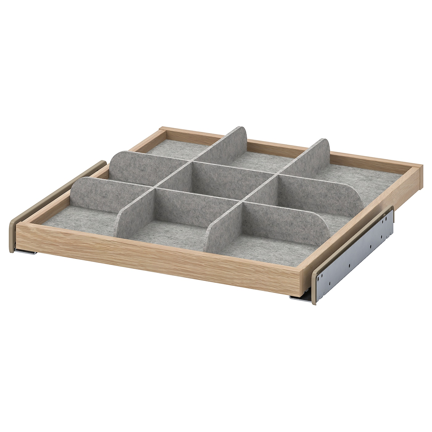 IKEA KOMPLEMENT wysuwana półka z przegrodą, imitacja dębu bejcowanego na biało/jasnoszary, 50x58 cm