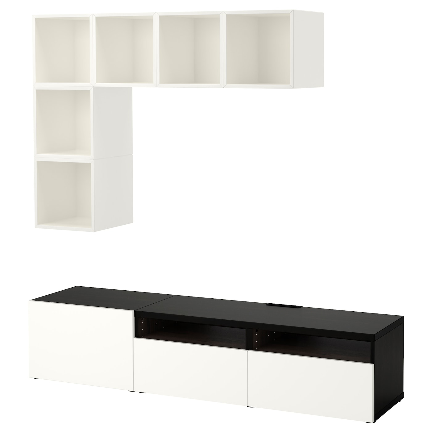 IKEA BESTÅ / EKET kombinacja szafek pod TV, biały/czarnobrązowy/połysk/biel, 180x42x170 cm