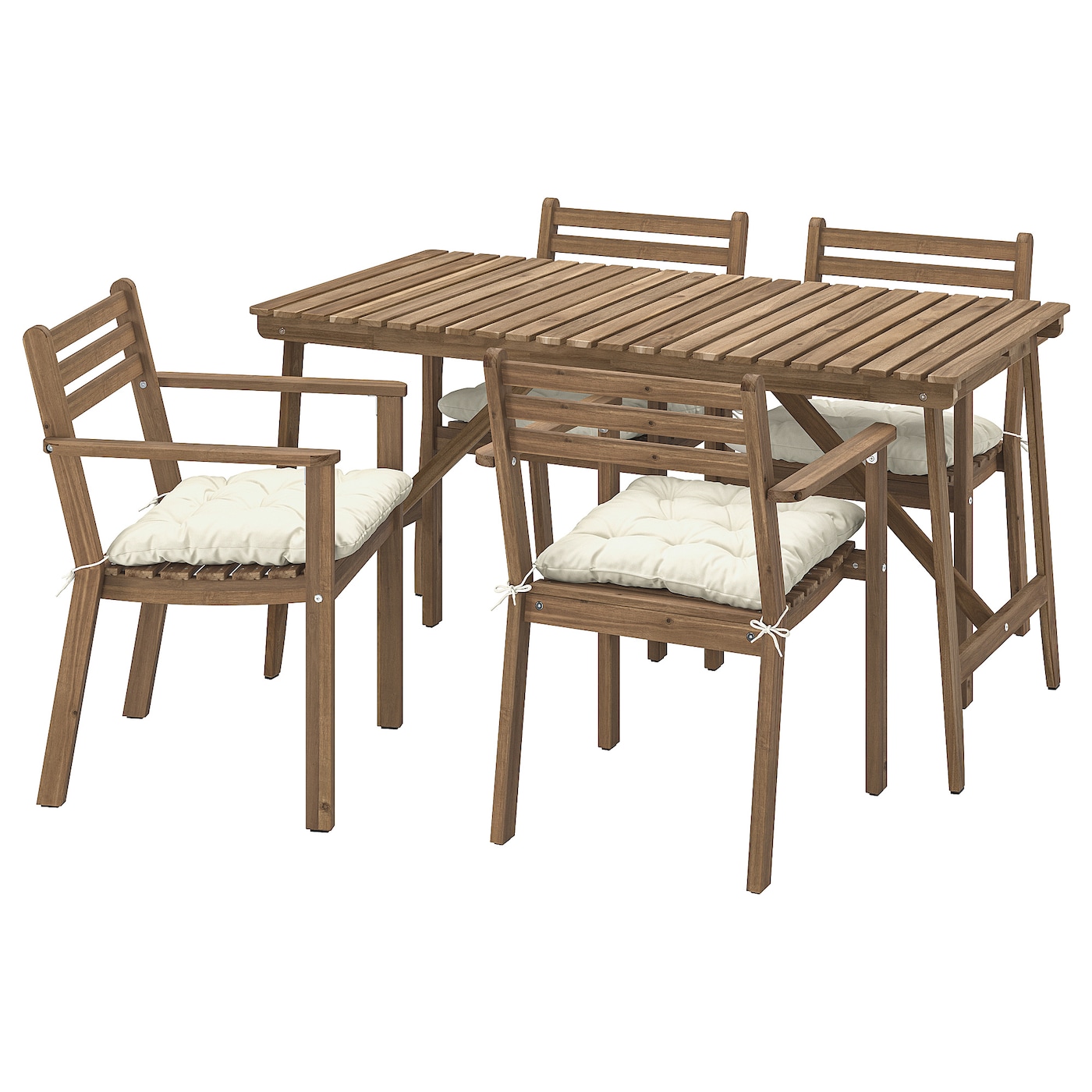 IKEA ASKHOLMEN stół+4 krzesła z podłok, na zew, ciemnobrązowy/Kuddarna jasny szarobeżowy, 143x75 cm