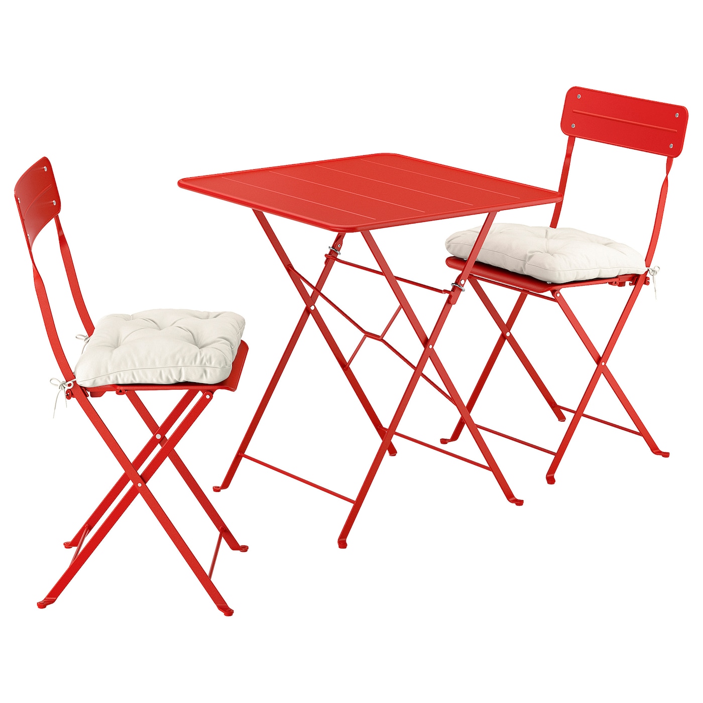 IKEA SUNDSÖ stół i 2 składane krzesła, zewnętrzne jaskrawoczerwony/jaskrawoczerwony Kuddarna jasny szarobeżowy, 65x65 cm