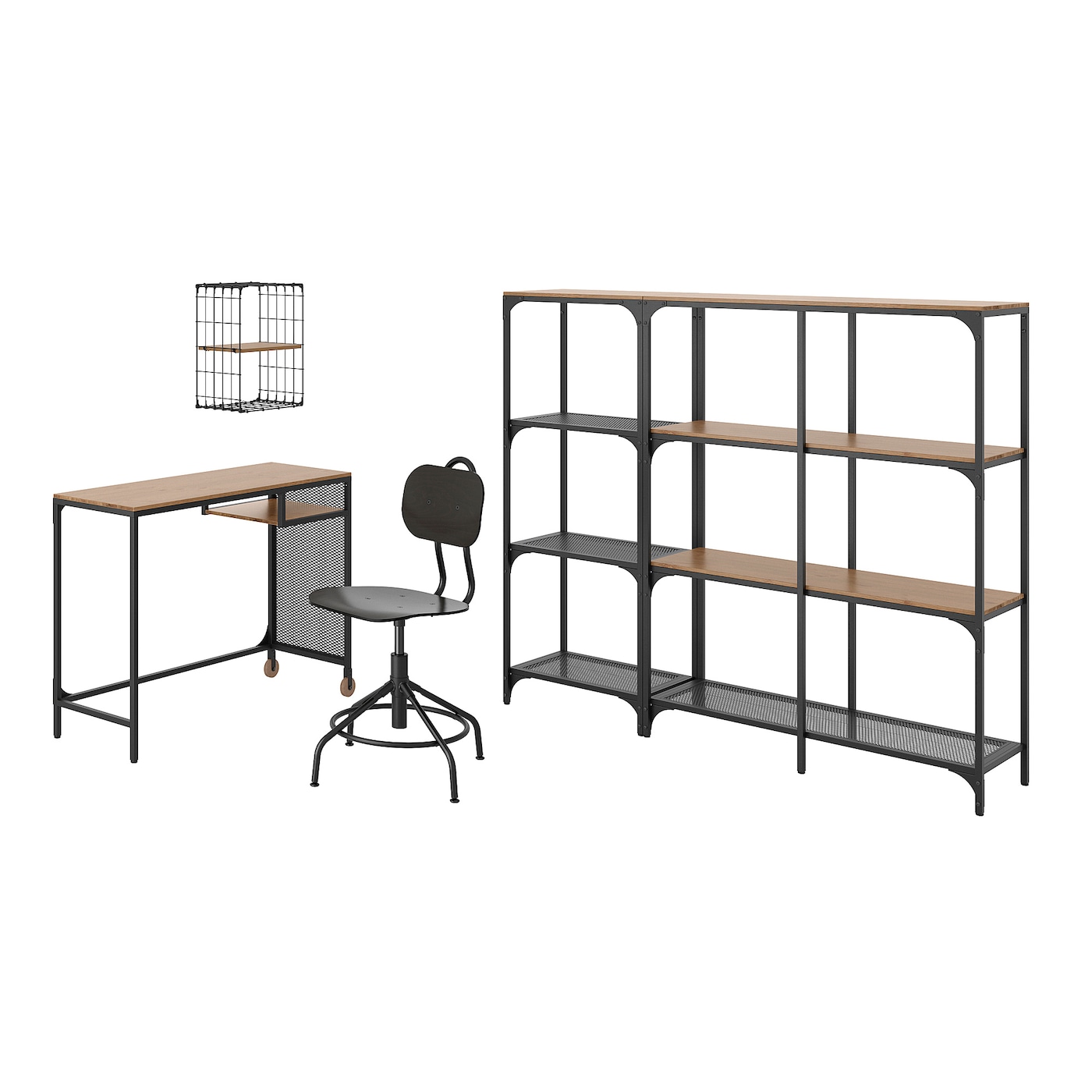 IKEA FJÄLLBO/KULLABERG / GULLHULT kombinacja biurko/szafka, i krzesło obrotowe czarny/sosna