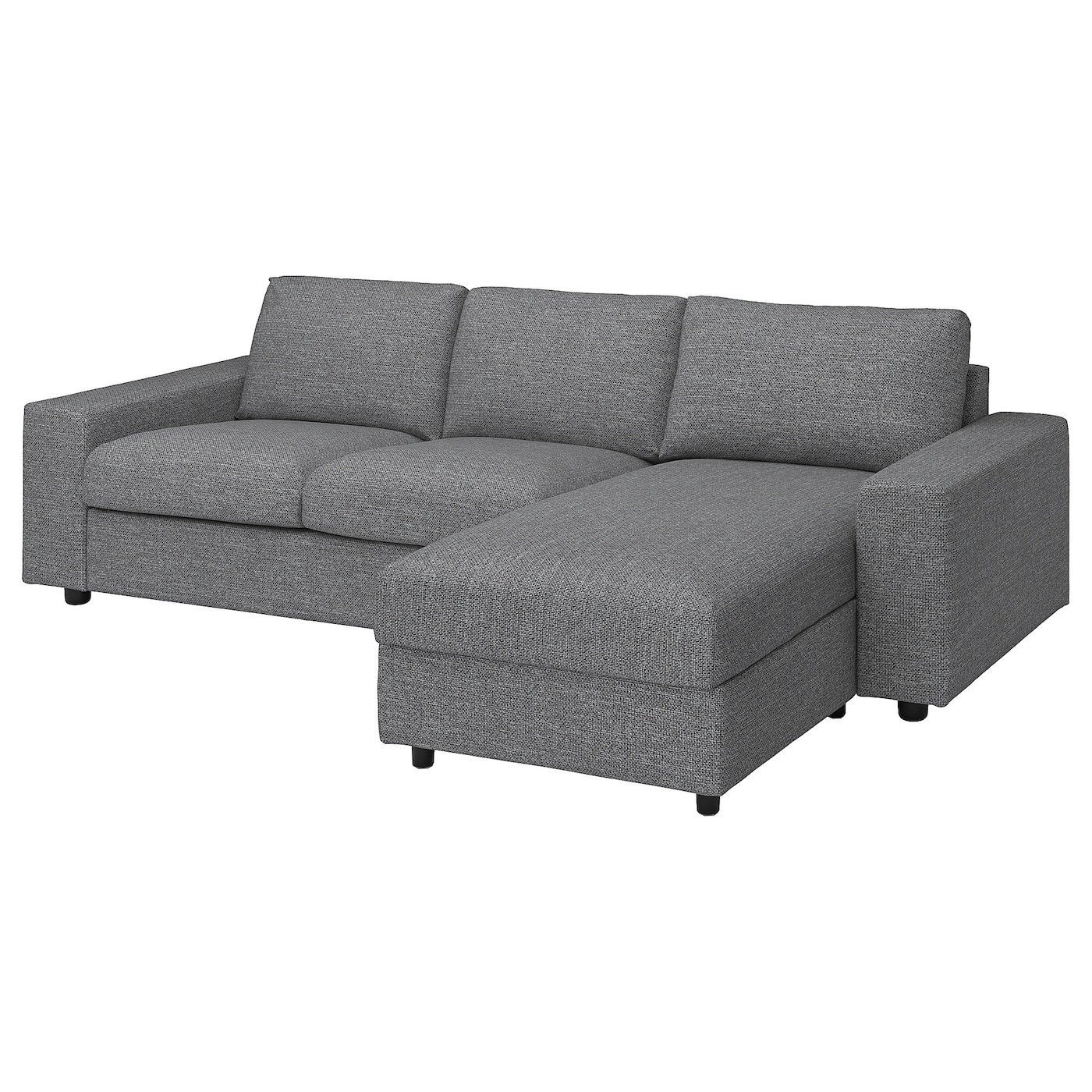 IKEA VIMLE 3-os sofa rozkładana z szezlongiem, z szerokimi podłokietnikami/Lejde szary-czarny, Wysokość łóżka: 53 cm