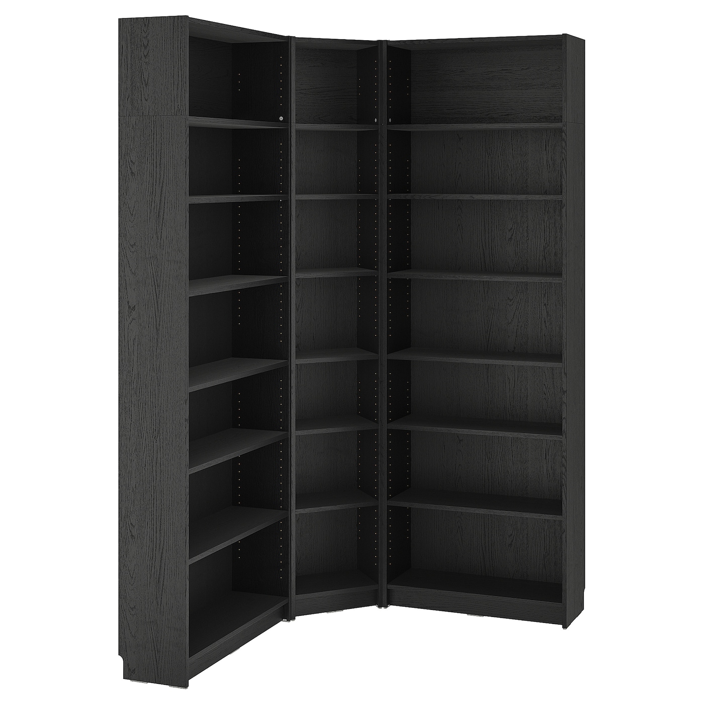 IKEA BILLY regał komb narożna z nadstawkiami, czarny imit. dębu, 136/136x28x237 cm