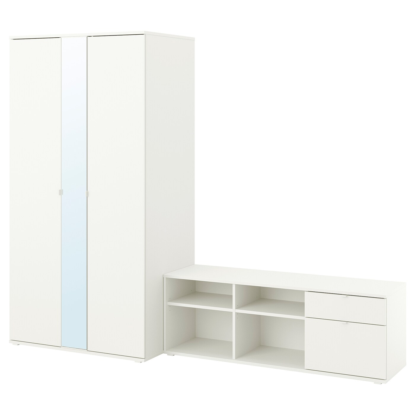 IKEA VIHALS kombinacja szafa/ława, biały/lustro, 251x57x200 cm
