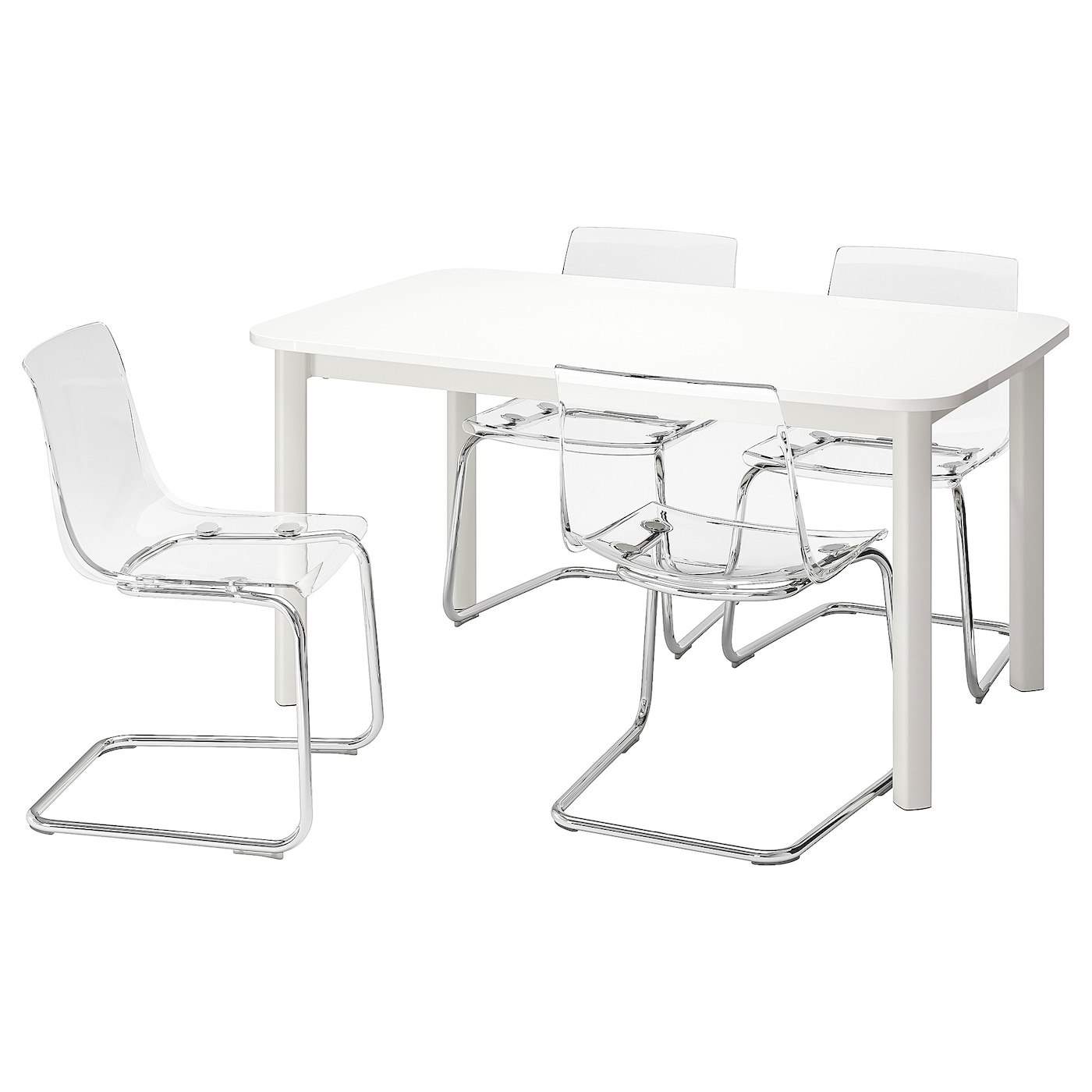 IKEA STRANDTORP / TOBIAS stół i 4 krzesła, biały/przezroczysty, 150/205/260x95 cm