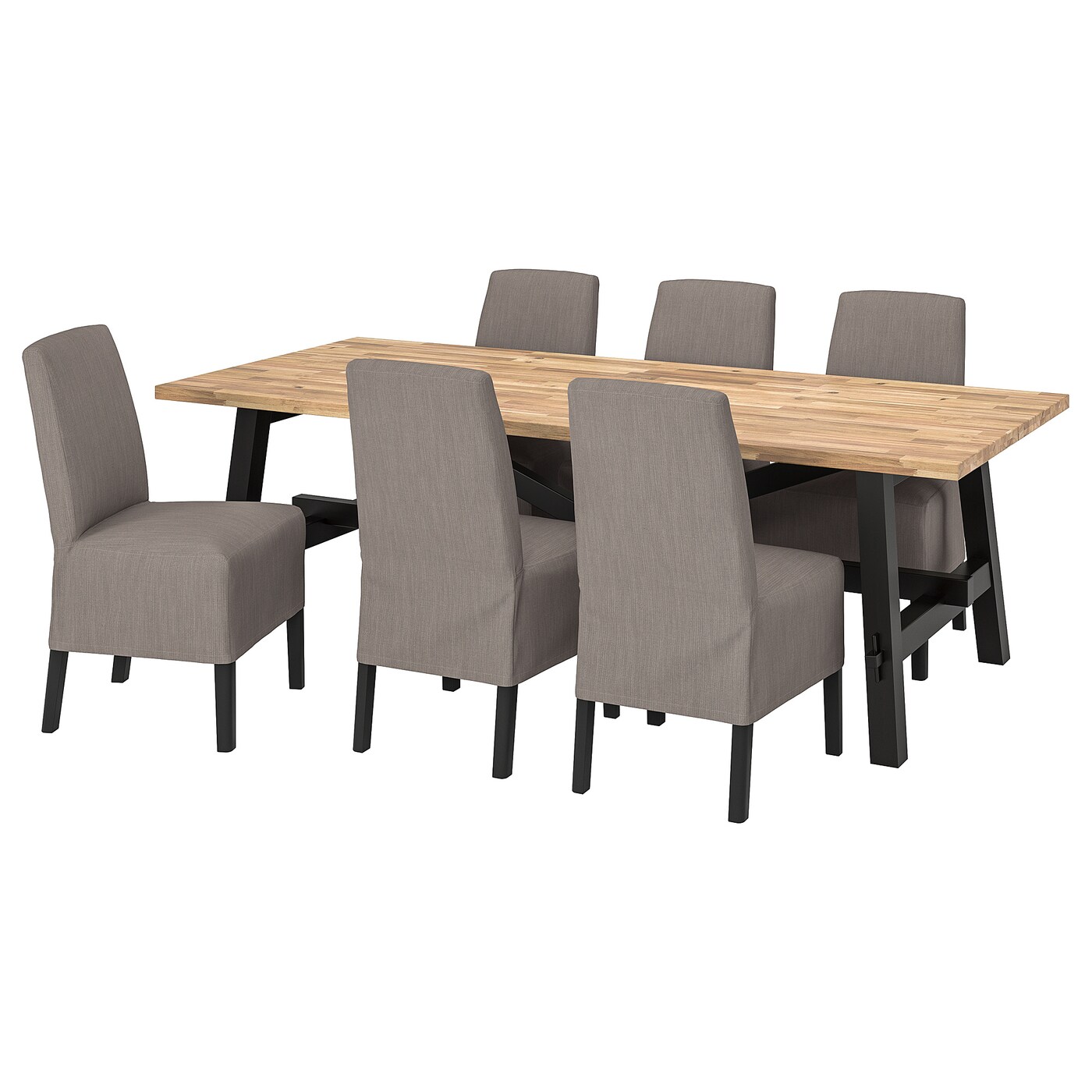 IKEA SKOGSTA / BERGMUND stół i 6 krzeseł, akacja/Nolhaga szary/beż, 235x100 cm