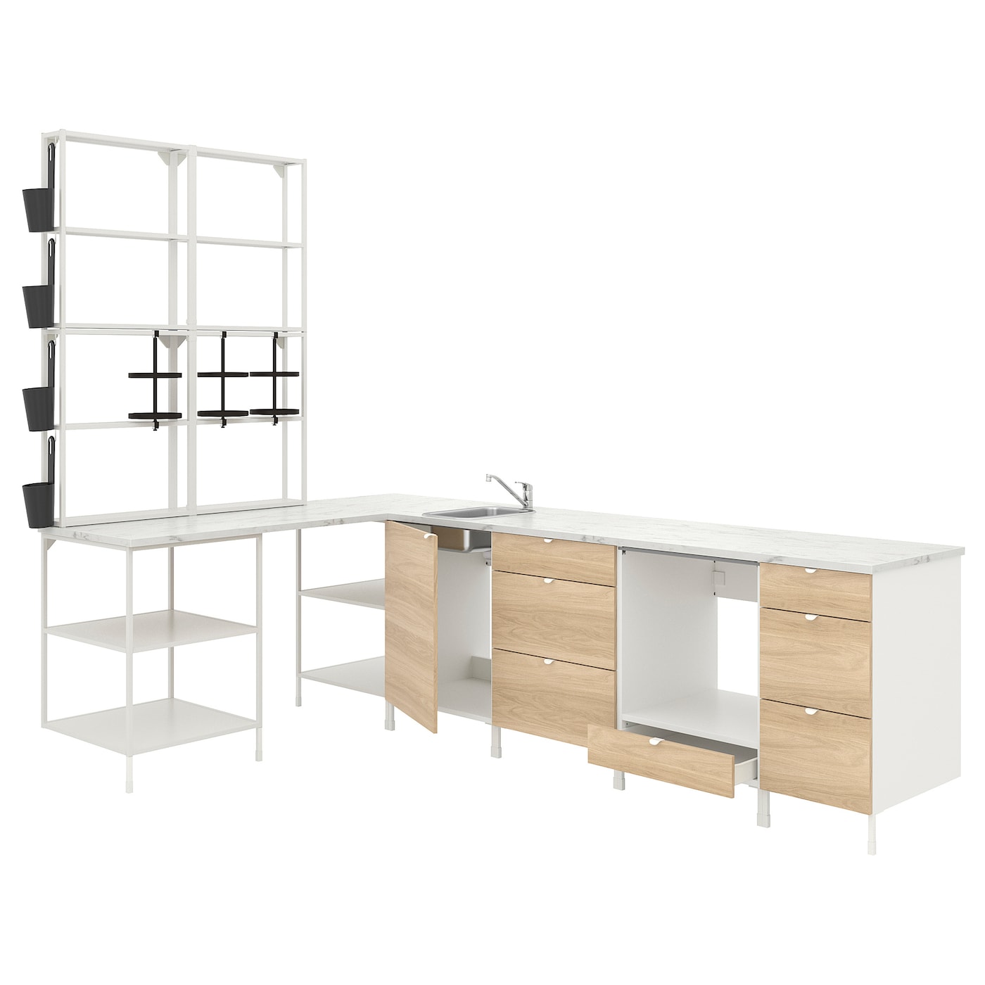 IKEA ENHET kuchnia narożna, biały/imit. dębu, Wysokość szafka wisząca: 150 cm