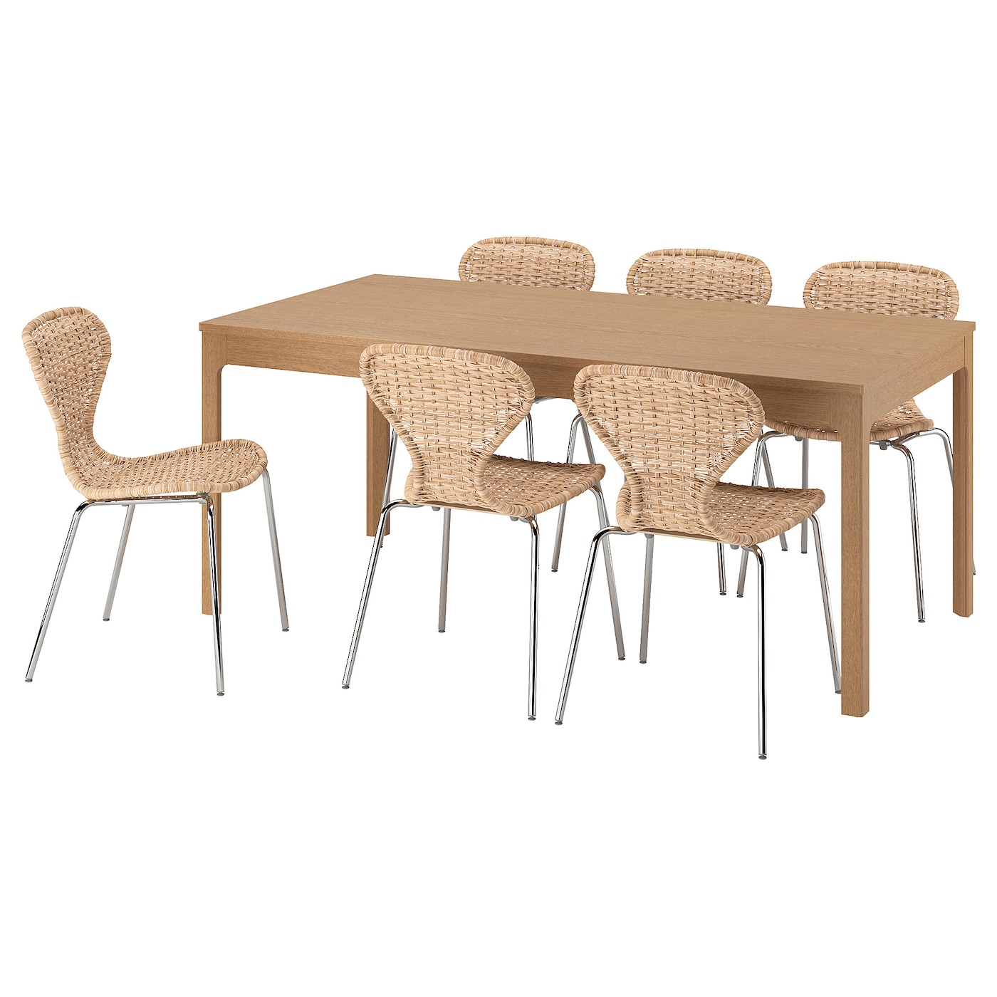IKEA EKEDALEN / ÄLVSTA stół i 6 krzeseł, dąb/rattan chrom, 180/240 cm