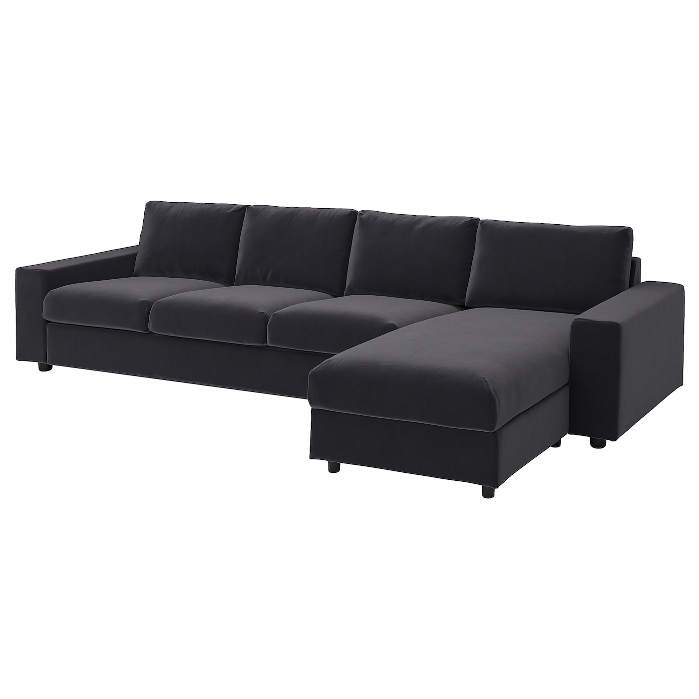 IKEA VIMLE sofa 4-osobowa z szezlongiem, z szerokimi podłokietnikami/Djuparp ciemnoszary, Wysokość z poduchami oparcia: 83 cm