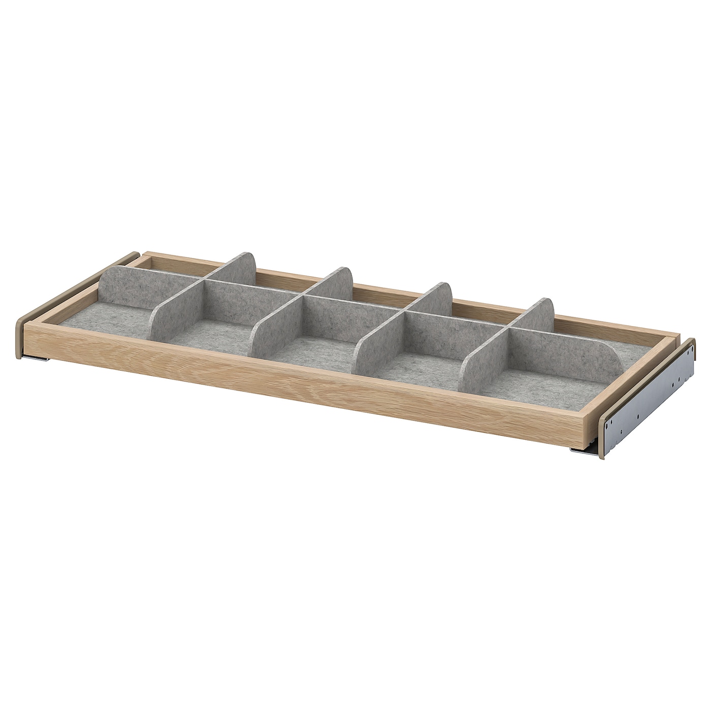 IKEA KOMPLEMENT wysuwana półka z przegrodą, imitacja dębu bejcowanego na biało/jasnoszary, 75x35 cm