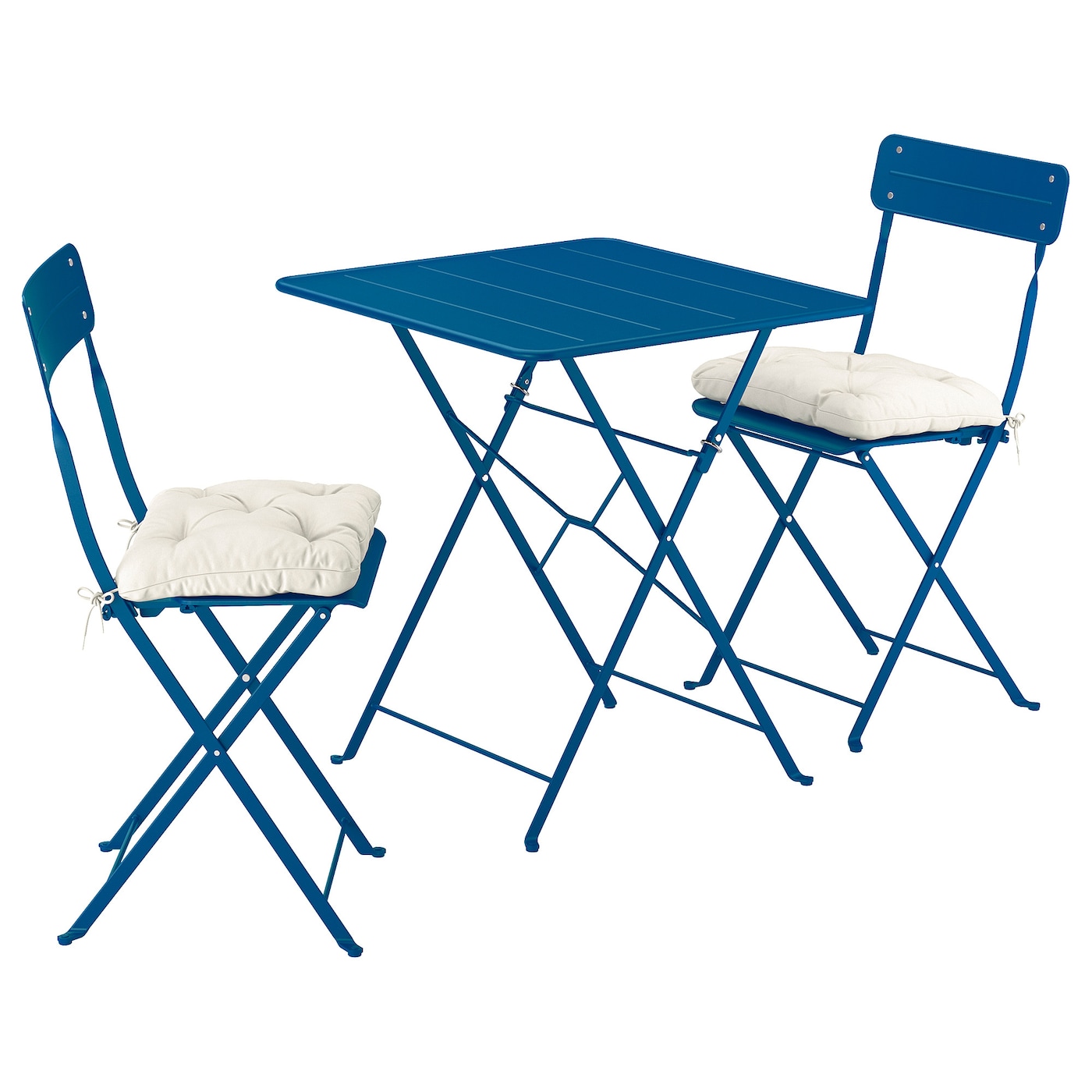 IKEA SUNDSÖ stół i 2 składane krzesła, zewnętrzne granatowy/granatowy Kuddarna jasny szarobeżowy, 65x65 cm