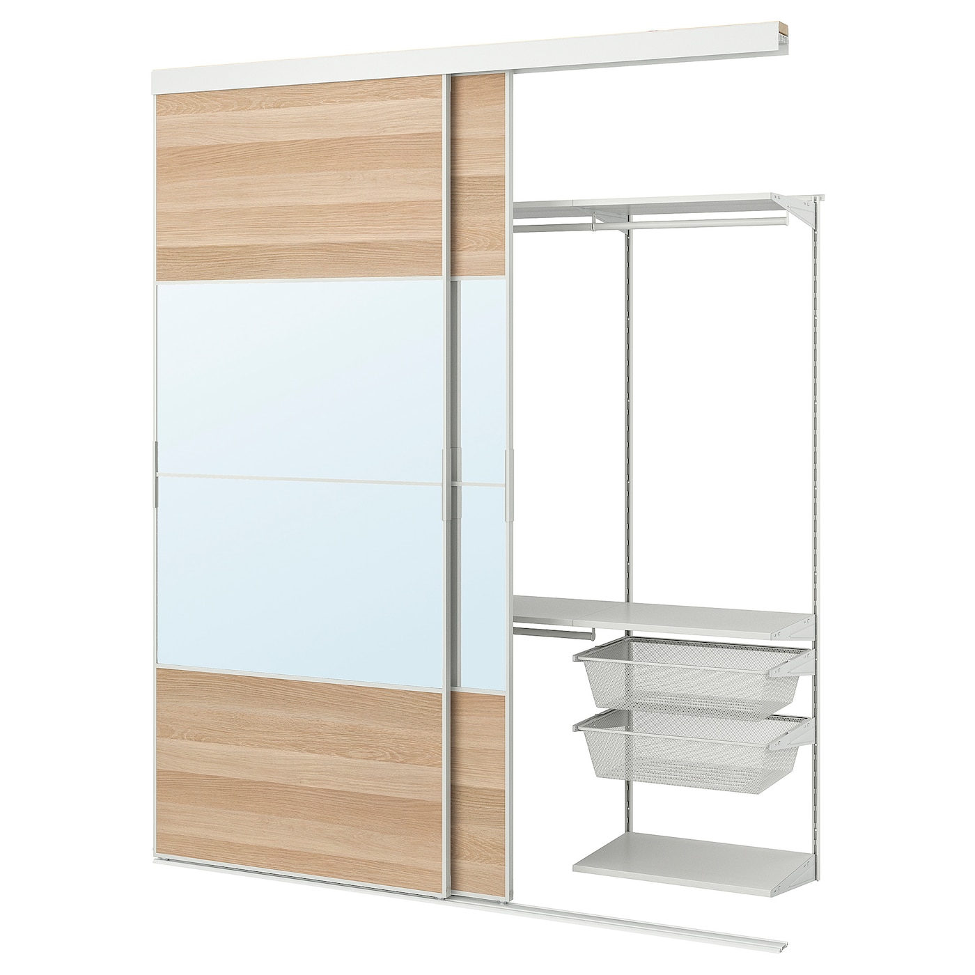 IKEA SKYTTA / BOAXEL szafa z drzwiami przesuwnymi, biały Mehamn/Auli/imitacja dębu bejcowanego na biało lustro, 202x65x240 cm