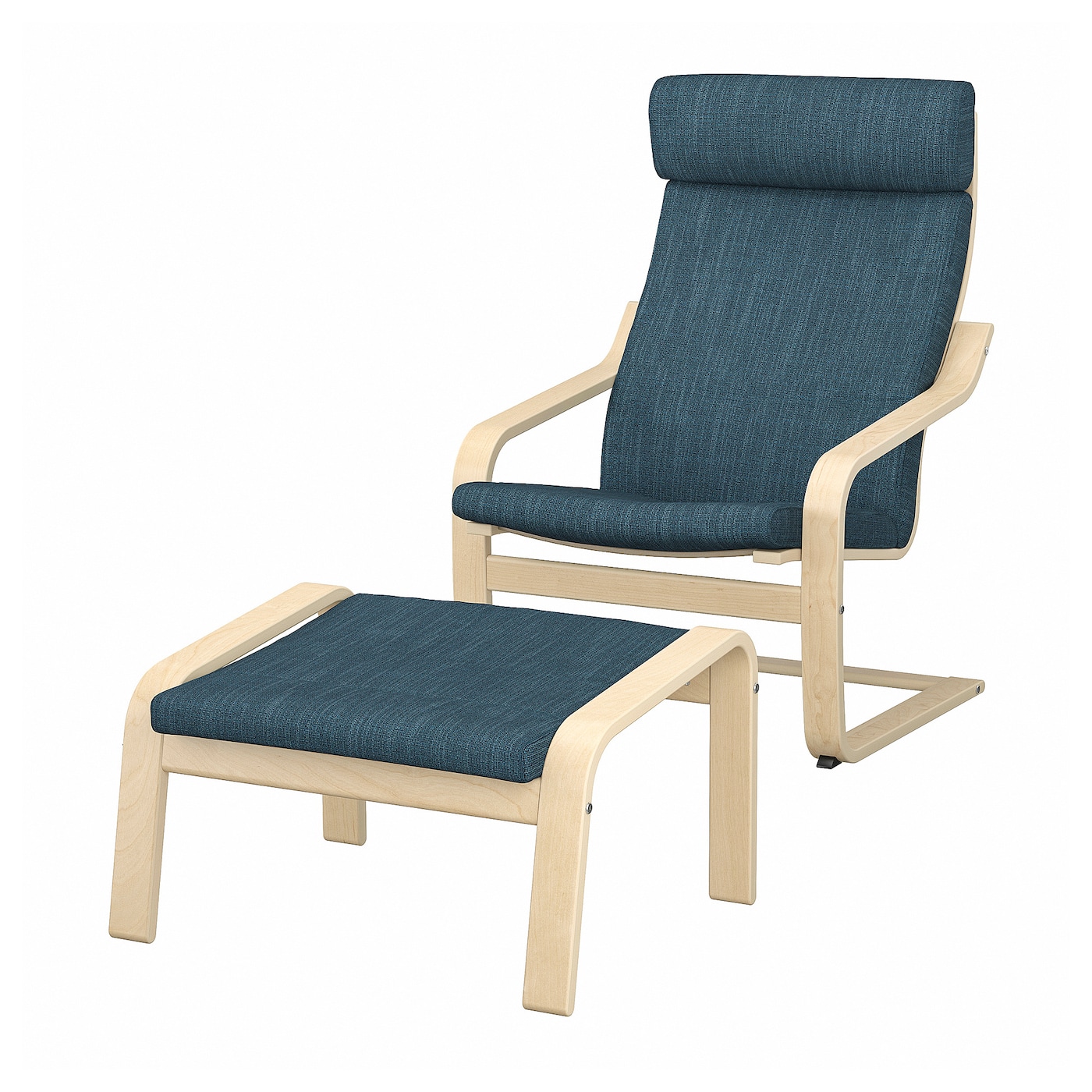 IKEA POÄNG fotel/podnóżek, okl brzoz/Hillared granatowy