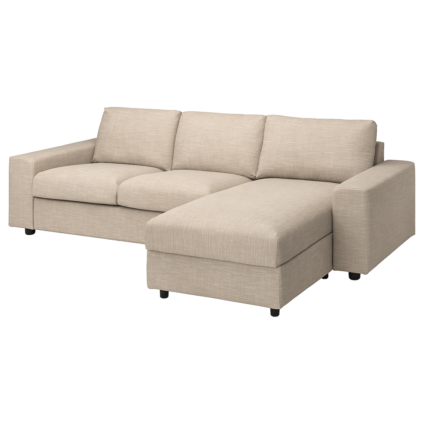 IKEA VIMLE sofa 3-osobowa z szezlongiem, z szerokimi podłokietnikami/Hillared beżowy, Wysokość z poduchami oparcia: 83 cm