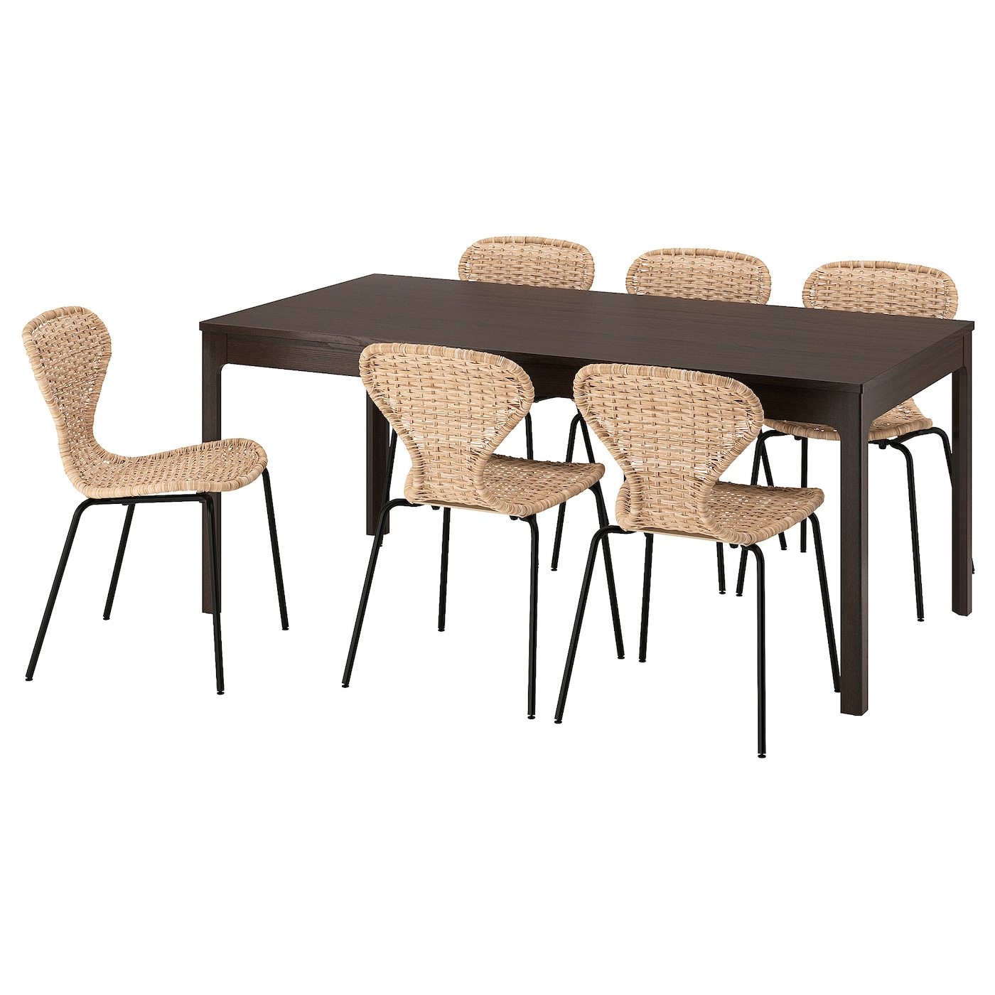 IKEA EKEDALEN / ÄLVSTA stół i 6 krzeseł, ciemnobrązowy/rattan czarny, 180/240 cm