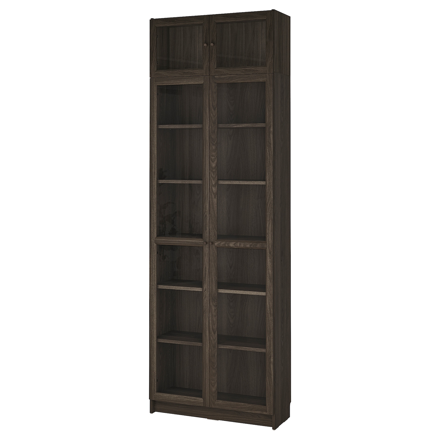 IKEA BILLY / OXBERG regał z drzwiami szkl/nadstawką, ciemnobrązowy imit. dębu/szkło bezbarwne, 80x30x237 cm