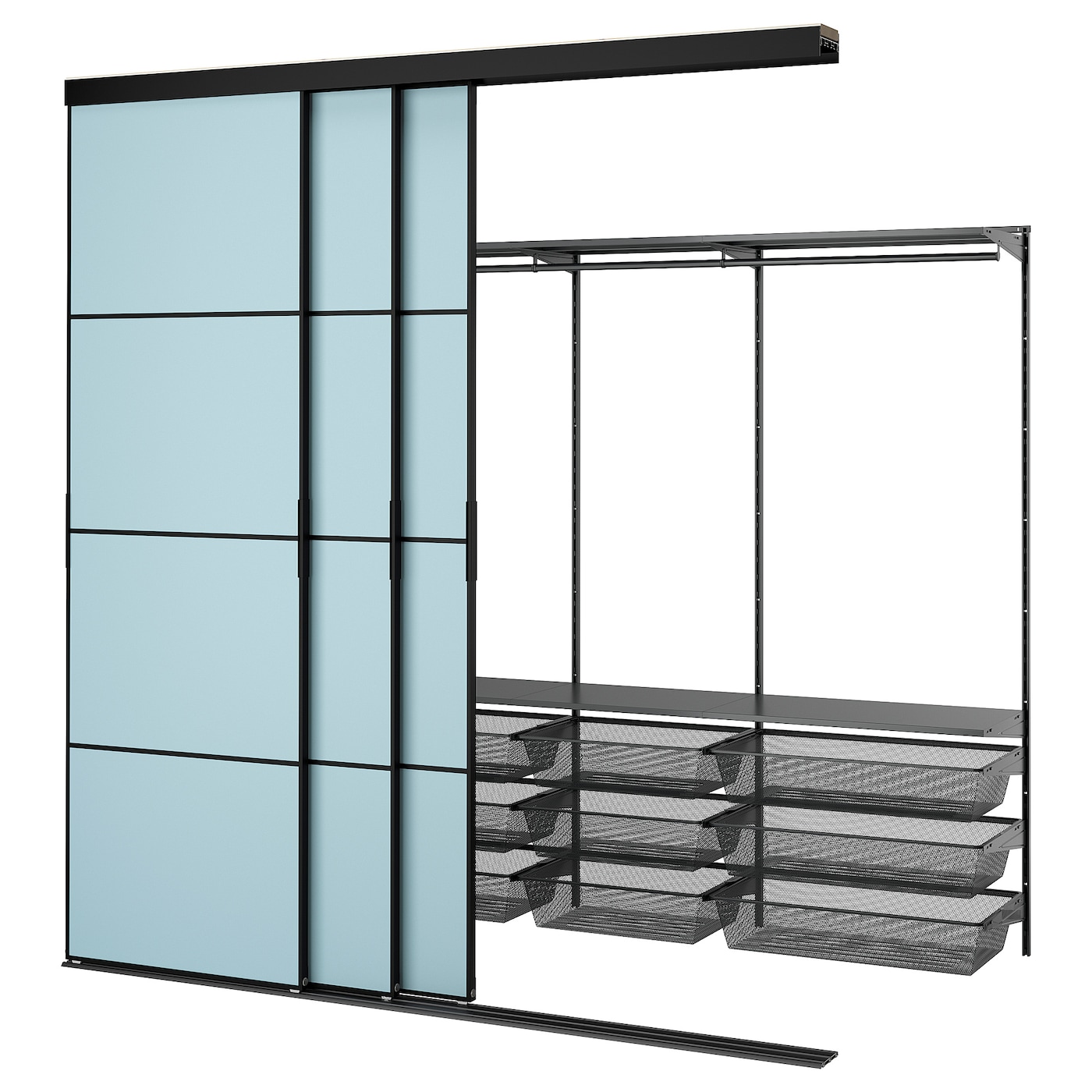 IKEA SKYTTA / BOAXEL garderoba z drzwiami przesuwnymi, czarny metal/Mehamn jasnoniebieski, 251x115x240 cm