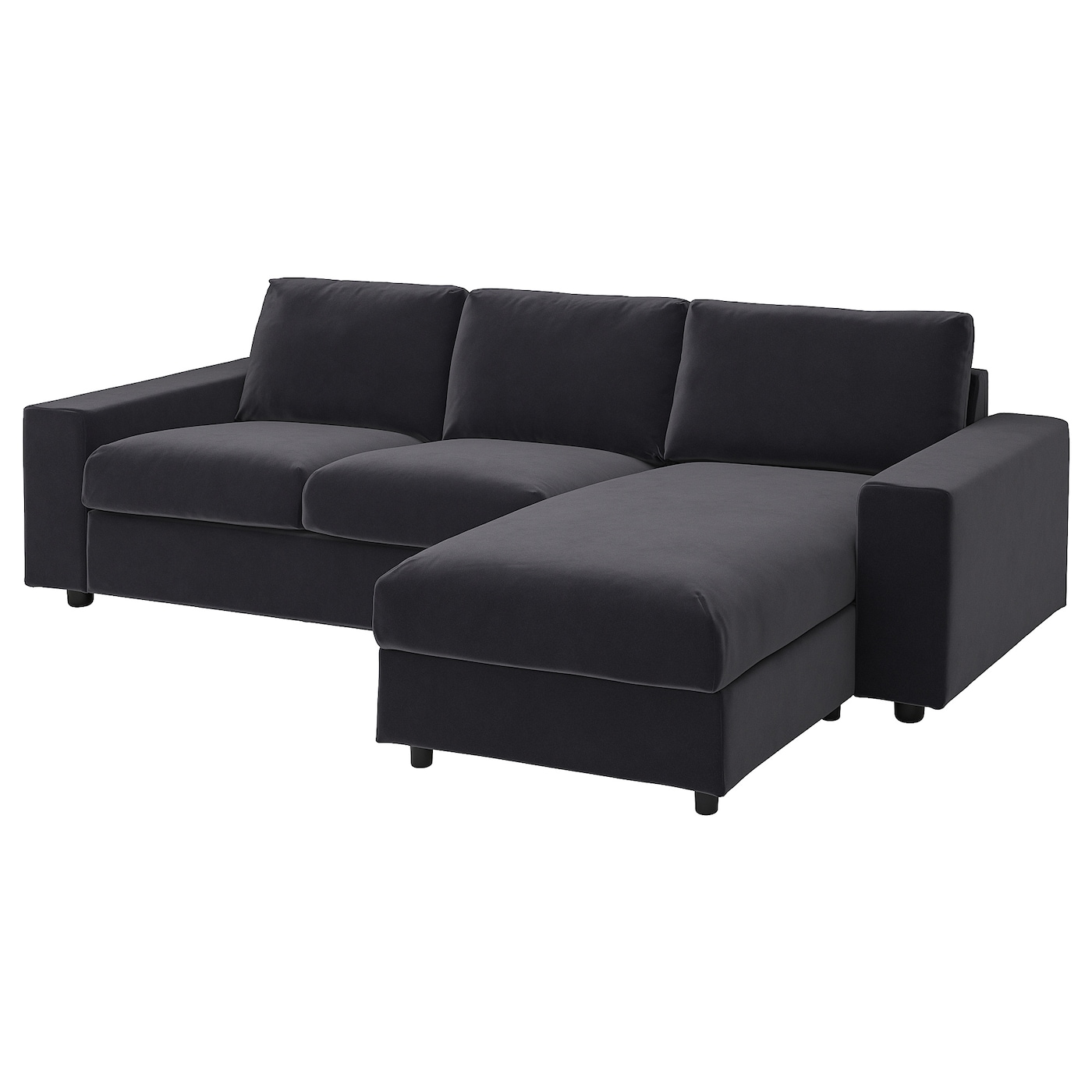 IKEA VIMLE sofa 3-osobowa z szezlongiem, z szerokimi podłokietnikami/Djuparp ciemnoszary, Wysokość z poduchami oparcia: 83 cm