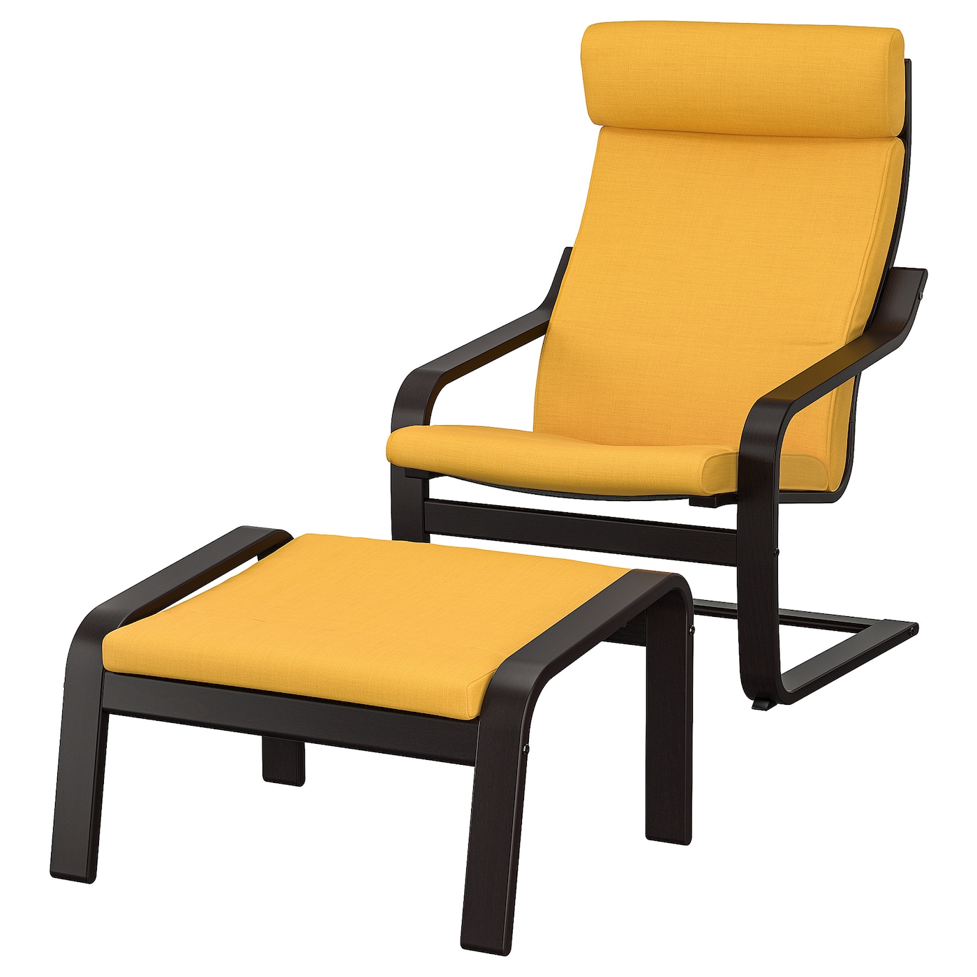 IKEA POÄNG fotel/podnóżek, czarnybrąz/Skiftebo żółty