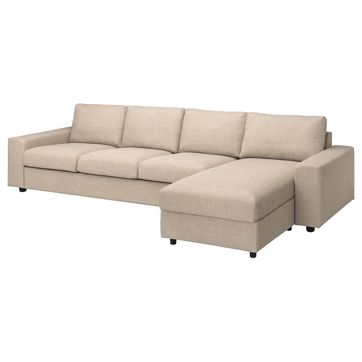 IKEA VIMLE sofa 4-osobowa z szezlongiem, z szerokimi podłokietnikami/Hillared beżowy, Wysokość z poduchami oparcia: 83 cm