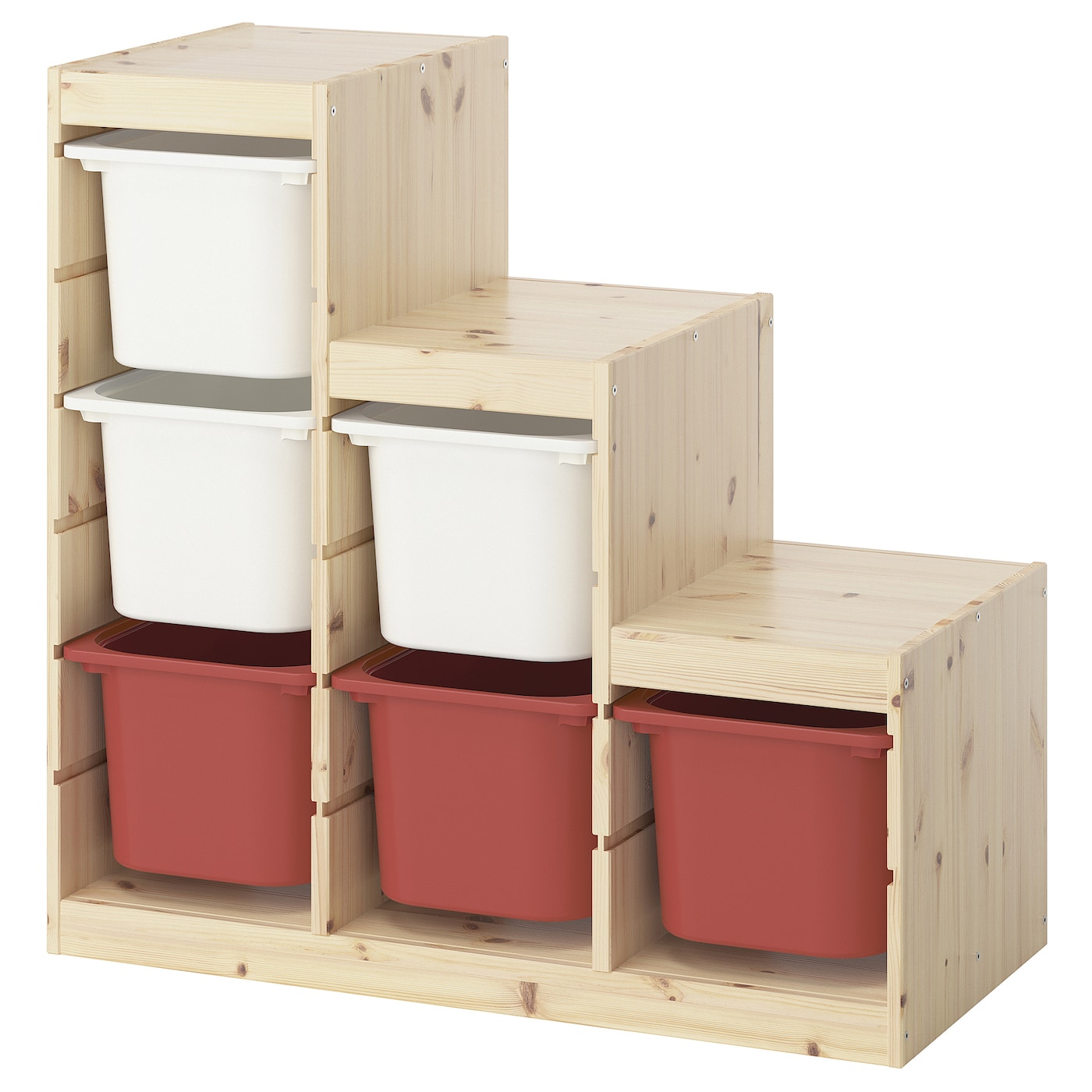 IKEA TROFAST regał z pojemnikami, jasna sosna bejcowana na biało biały/czerwony, 94x44x91 cm