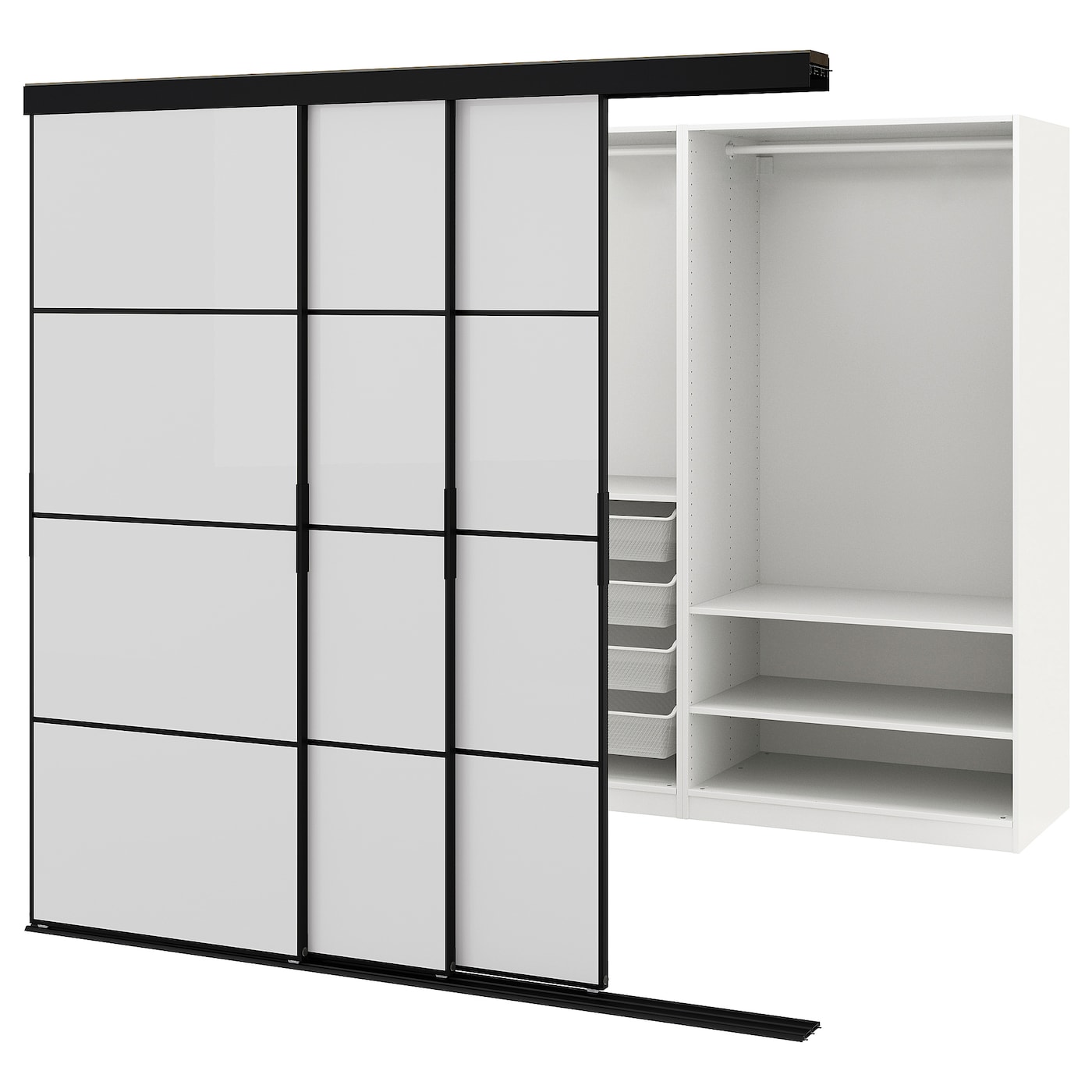 IKEA SKYTTA / PAX garderoba z drzwiami przesuwnymi, czarny/Hokksund wysoki połysk jasnoszary, 226x160x205 cm