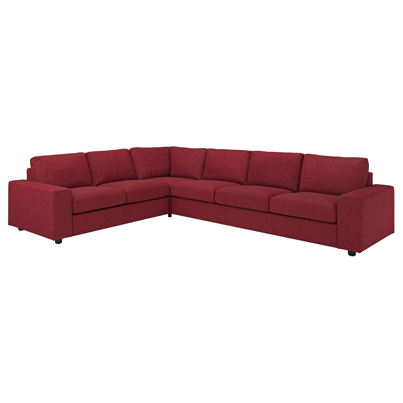 IKEA VIMLE sofa narożna 5-osobowa, z szerokimi podłokietnikami/Lejde czerwony/brązowy, Wysokość z poduchami oparcia: 83 cm
