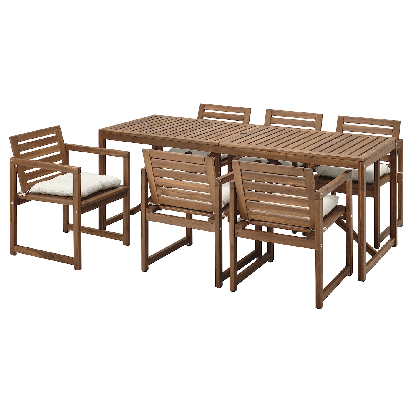 IKEA NÄMMARÖ stół+6 krzeseł z podłok, na zew, Nämmarö bejca jasnobrązowa/Kuddarna jasny szarobeżowy, 200x75 cm
