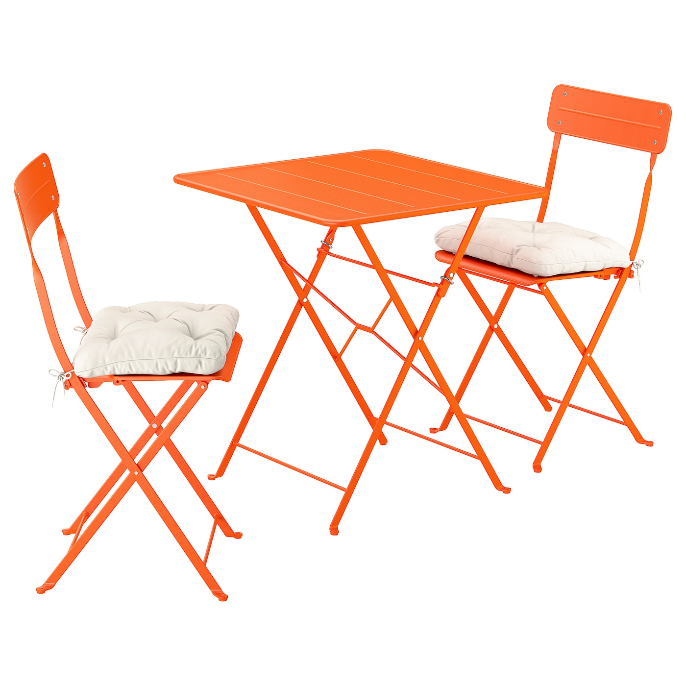 IKEA SUNDSÖ stół i 2 składane krzesła, zewnętrzne jaskrawopomarańczowy/jaskrawopomarańczowy Kuddarna jasny szarobeżowy, 65x65 cm