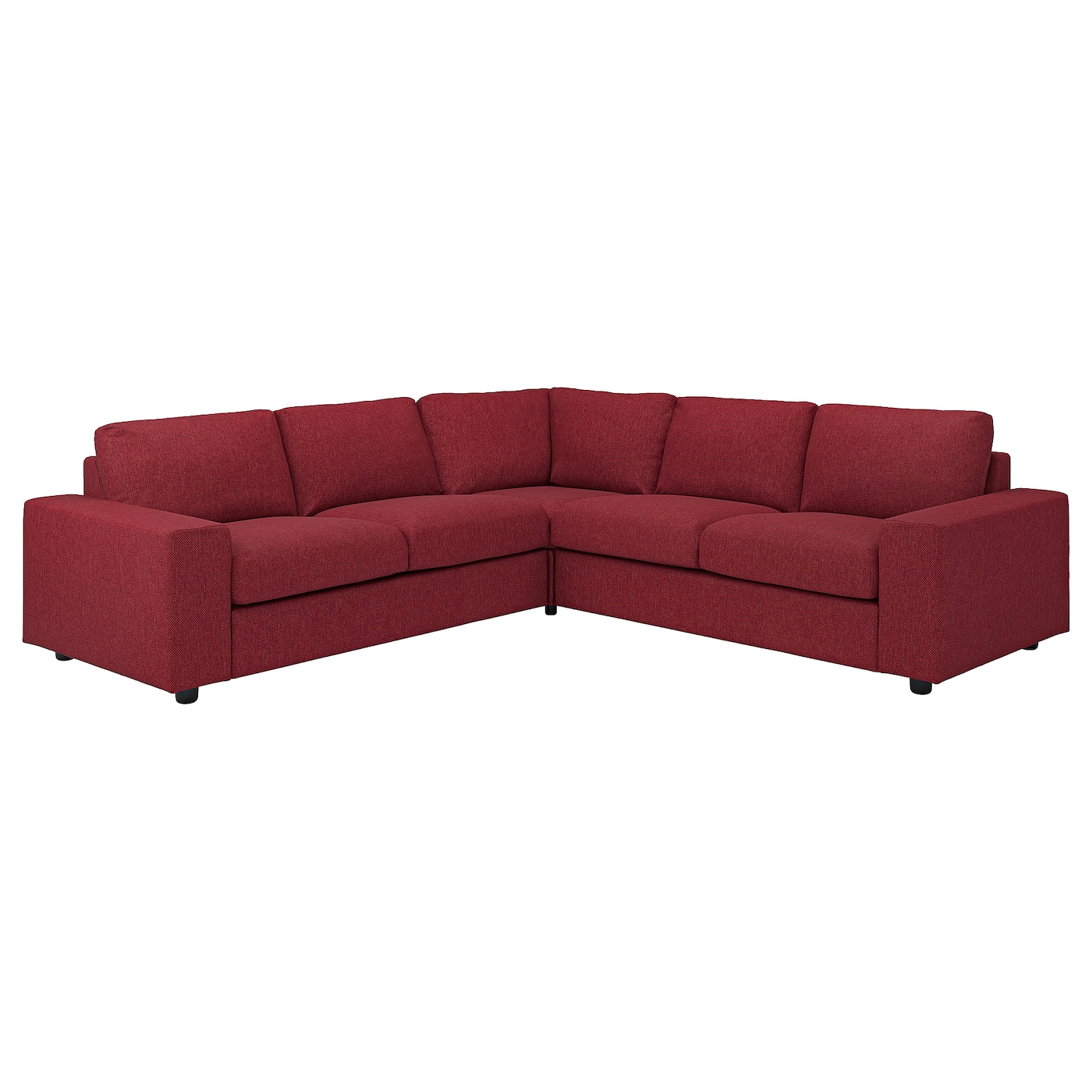 IKEA VIMLE sofa narożna 4-osobowa, z szerokimi podłokietnikami/Lejde czerwony/brązowy, Wysokość z poduchami oparcia: 83 cm