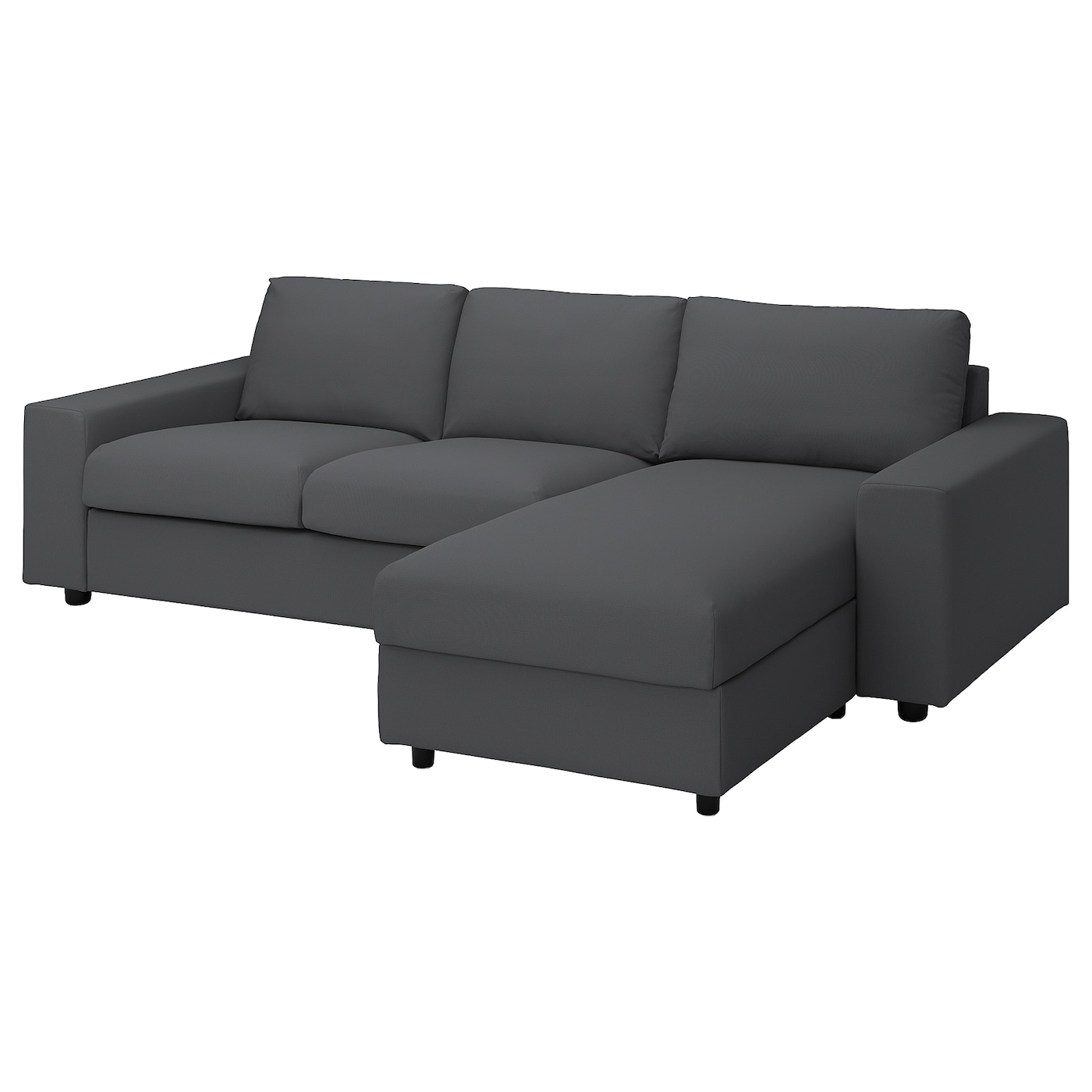 IKEA VIMLE sofa 3-osobowa z szezlongiem, z szerokimi podłokietnikami/Hallarp szary, Wysokość z poduchami oparcia: 83 cm