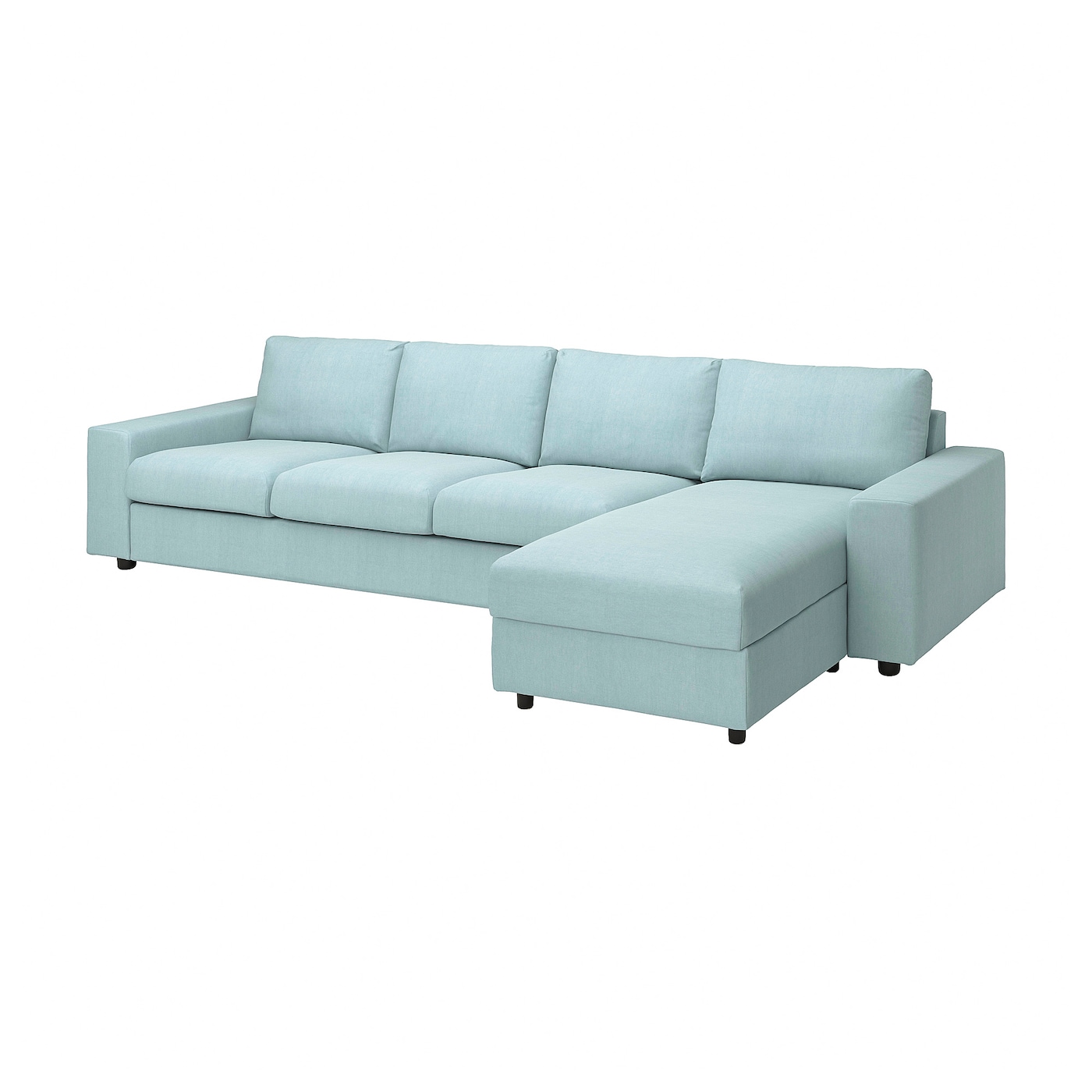 IKEA VIMLE sofa 4-osobowa z szezlongiem, z szerokimi podłokietnikami/Saxemara jasnoniebieski, Wysokość z poduchami oparcia: 83 cm