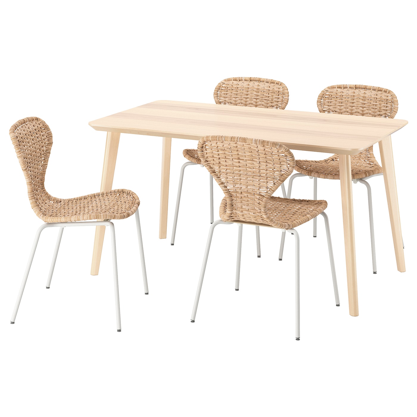 IKEA LISABO / ÄLVSTA stół i 4 krzesła, okleina jesionowa/rattan biały, 140x78 cm