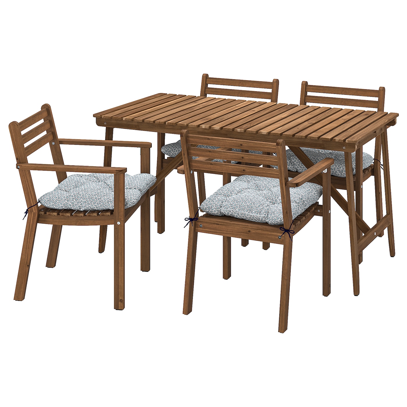IKEA ASKHOLMEN stół+4 krzesła z podłok, na zew, ciemnobrązowy/Klösan niebieski, 143x75 cm