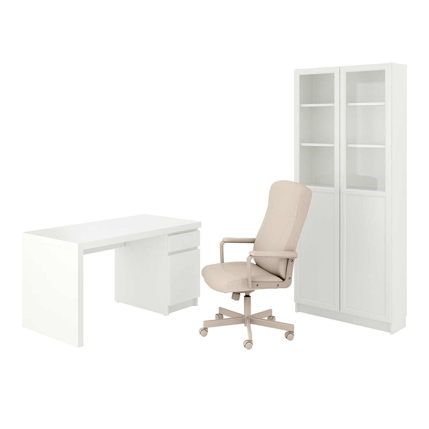 IKEA MALM/MILLBERGET / BILLY/OXBERG kombinacja biurko/szafka, i krzesło obrotowe biały/beżowy