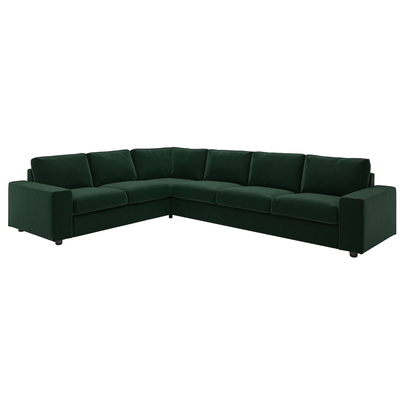 IKEA VIMLE sofa narożna 5-osobowa, z szerokimi podłokietnikami/Djuparp ciemnozielony, Wysokość z poduchami oparcia: 83 cm
