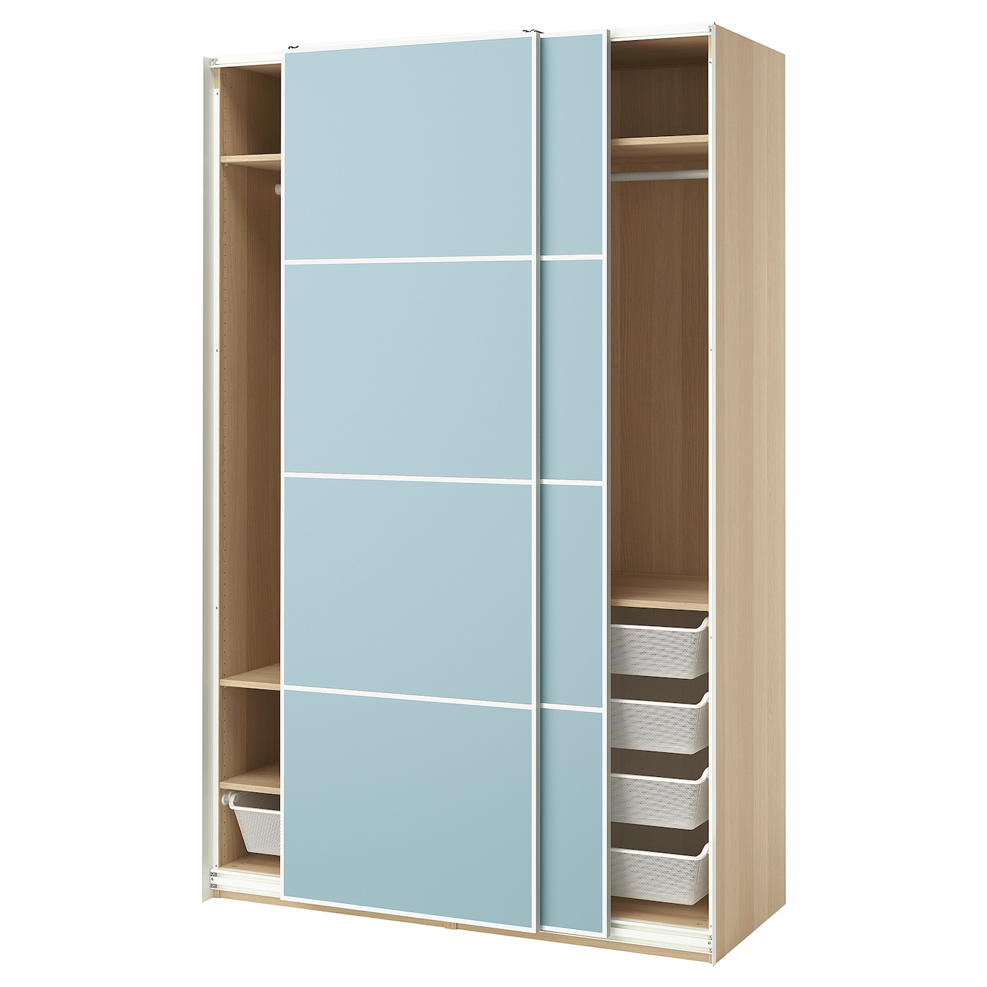 IKEA PAX / MEHAMN szafa z przesuwanymi drzwiami, imitacja dębu bejcowanego na biało/2str jasnoniebieski, 150x66x236 cm