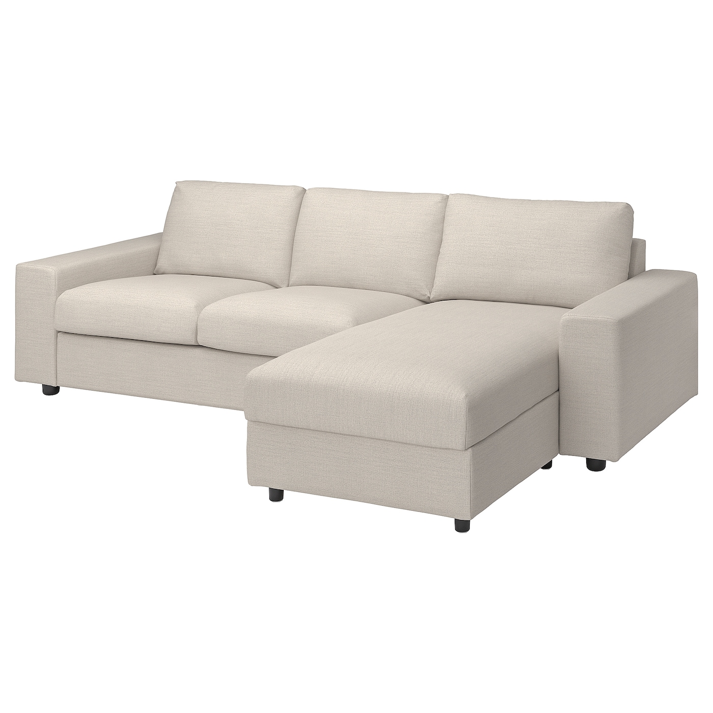 IKEA VIMLE sofa 3-osobowa z szezlongiem, z szerokimi podłokietnikami/Gunnared beżowy, Wysokość z poduchami oparcia: 83 cm