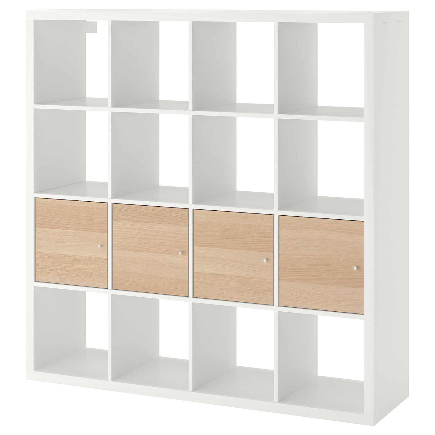 IKEA KALLAX regał z 4 wkładami, biały/imitacja dębu bejcowanego na biało, 147x147 cm