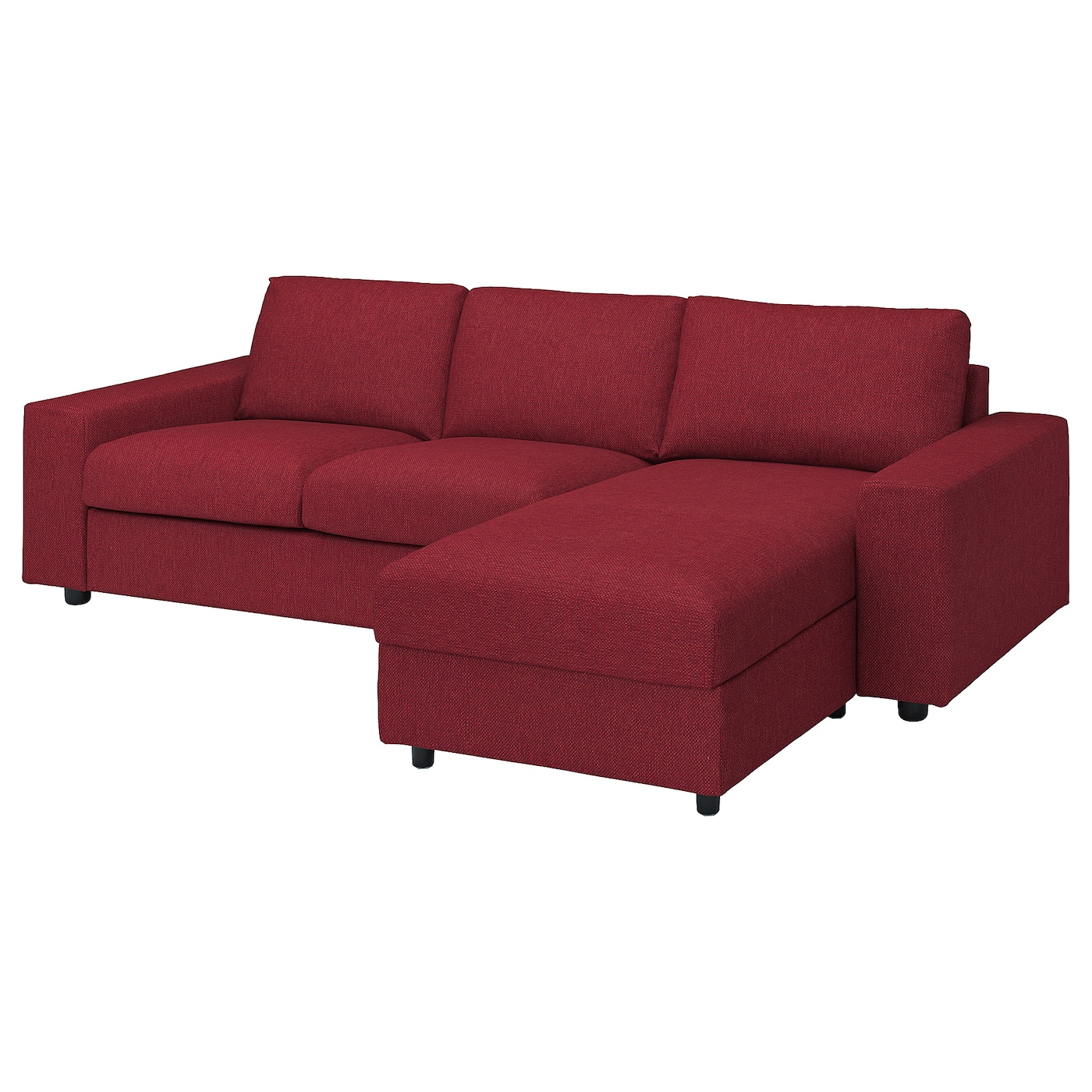 IKEA VIMLE sofa 3-osobowa z szezlongiem, z szerokimi podłokietnikami/Lejde czerwony/brązowy, Wysokość z poduchami oparcia: 83 cm