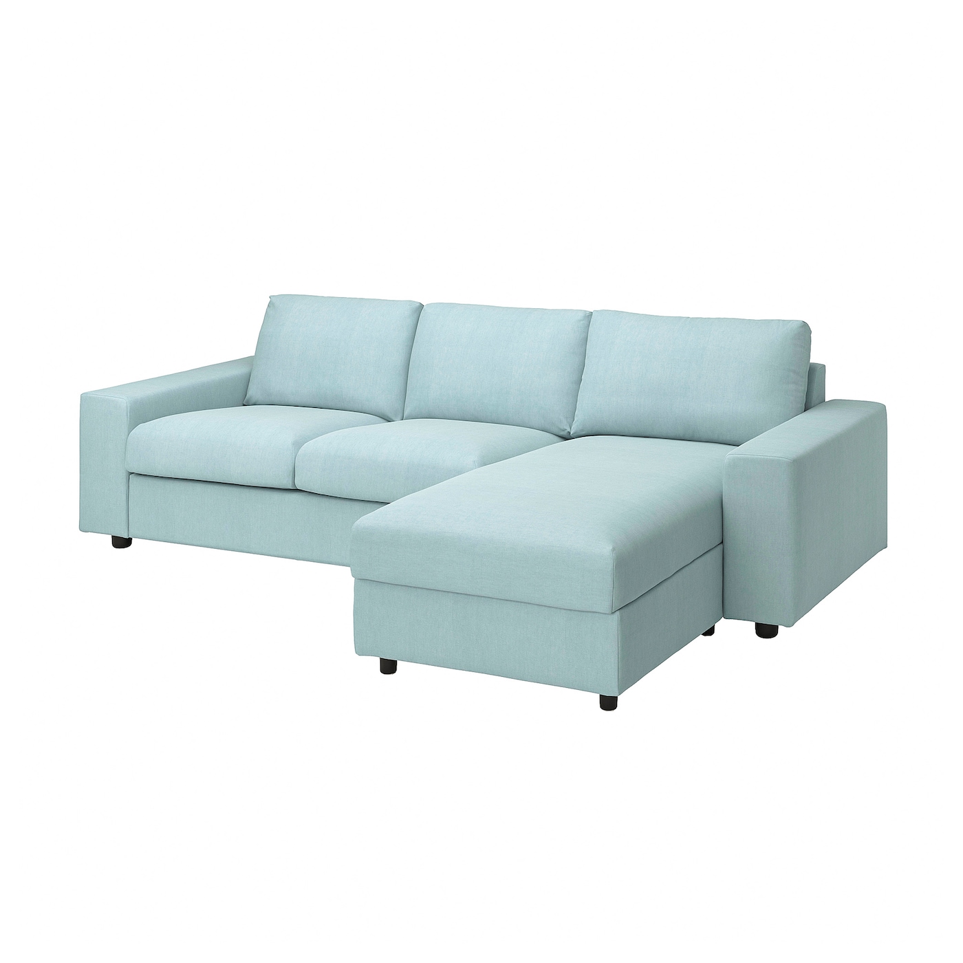 IKEA VIMLE sofa 3-osobowa z szezlongiem, z szerokimi podłokietnikami/Saxemara jasnoniebieski, Wysokość z poduchami oparcia: 83 cm
