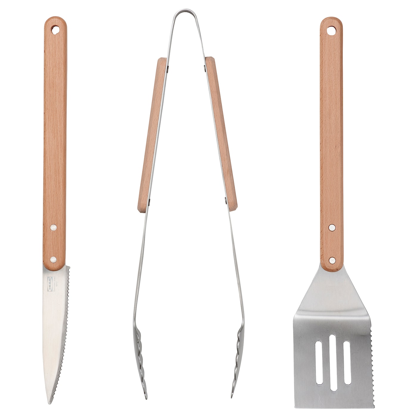 IKEA GRILLTIDER 3-częściowy zest przyborów grill, stal nierdz/buk