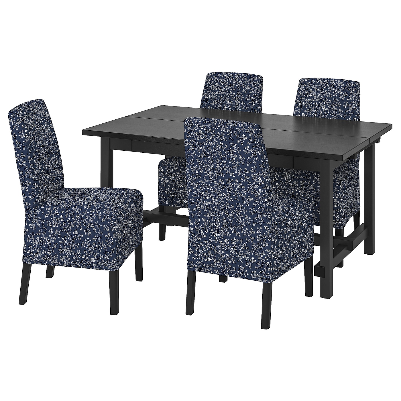 IKEA NORDVIKEN / BERGMUND stół i 4 krzesła, czarny/Ryrane granatowy, 152/223 cm
