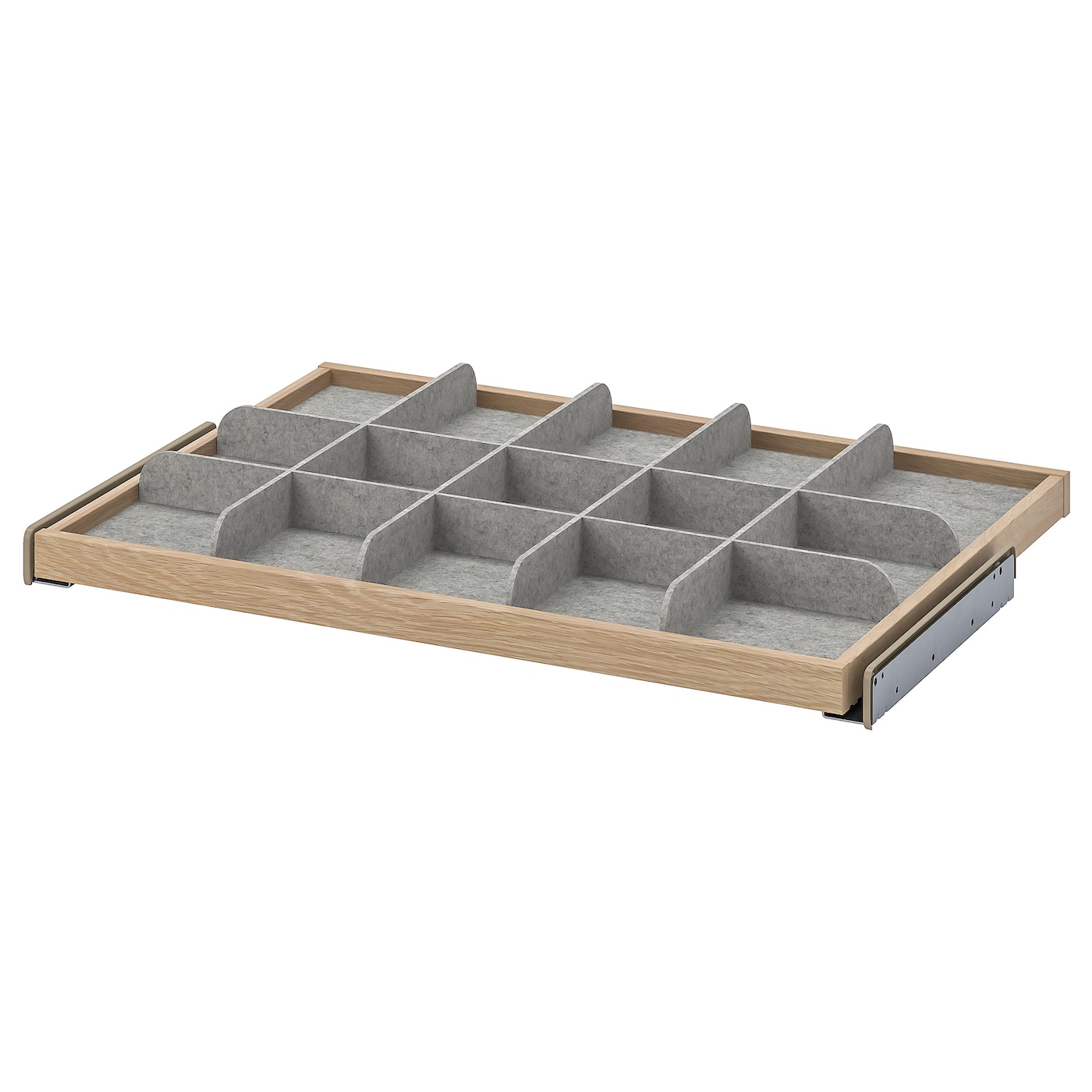 IKEA KOMPLEMENT wysuwana półka z przegrodą, imitacja dębu bejcowanego na biało/jasnoszary, 75x58 cm