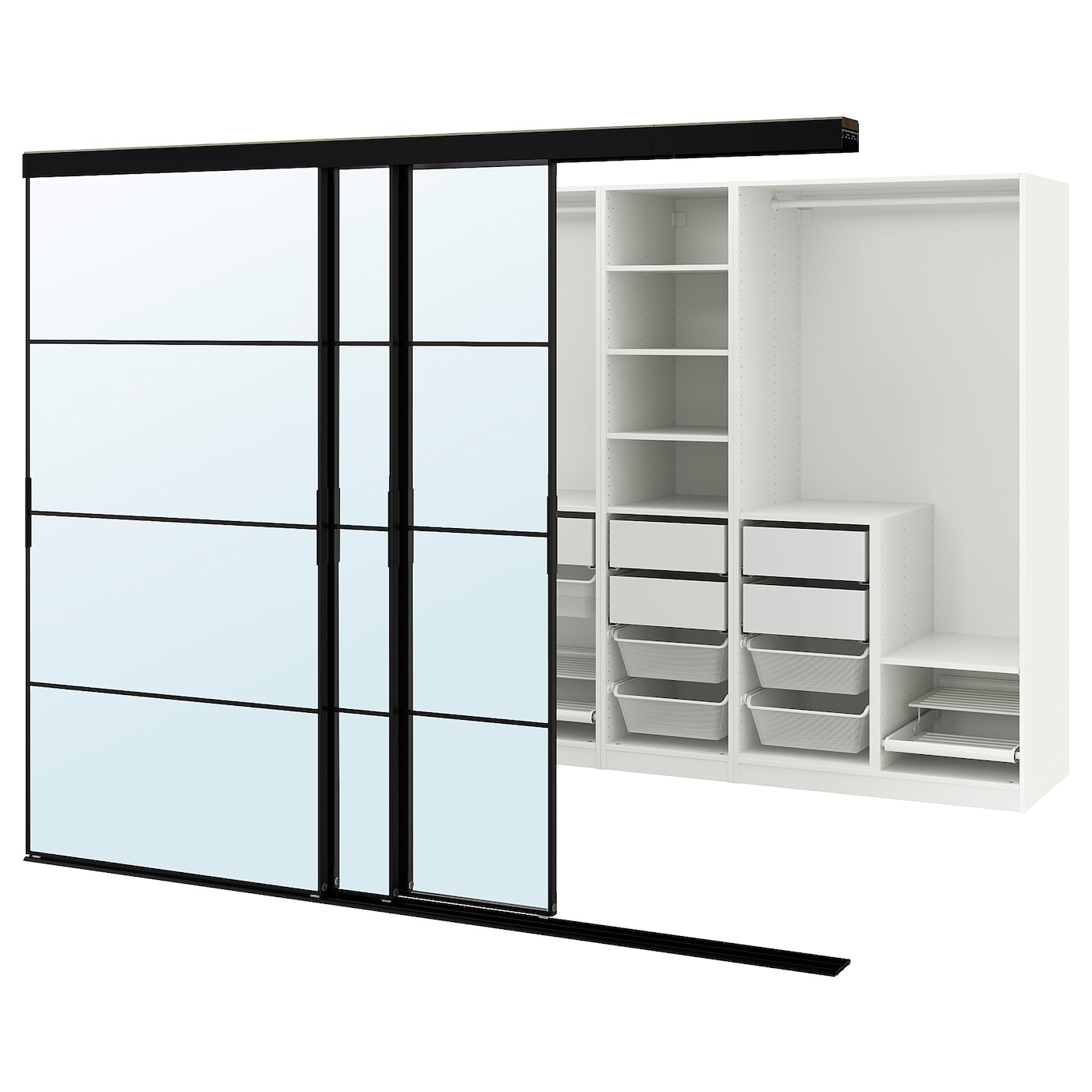 IKEA SKYTTA / PAX garderoba z drzwiami przesuwnymi, czarny/Auli lustro, 276x160x205 cm