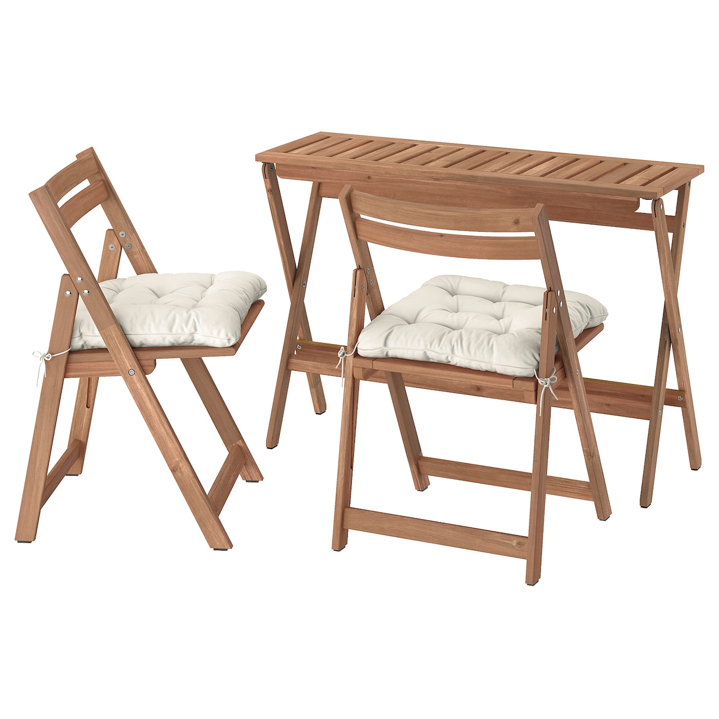 IKEA NÄMMARÖ stół ogrodowy i 2 składane krzesła, składany bejca jasnobrązowa/Kuddarna jasny szarobeżowy, 108x37 cm